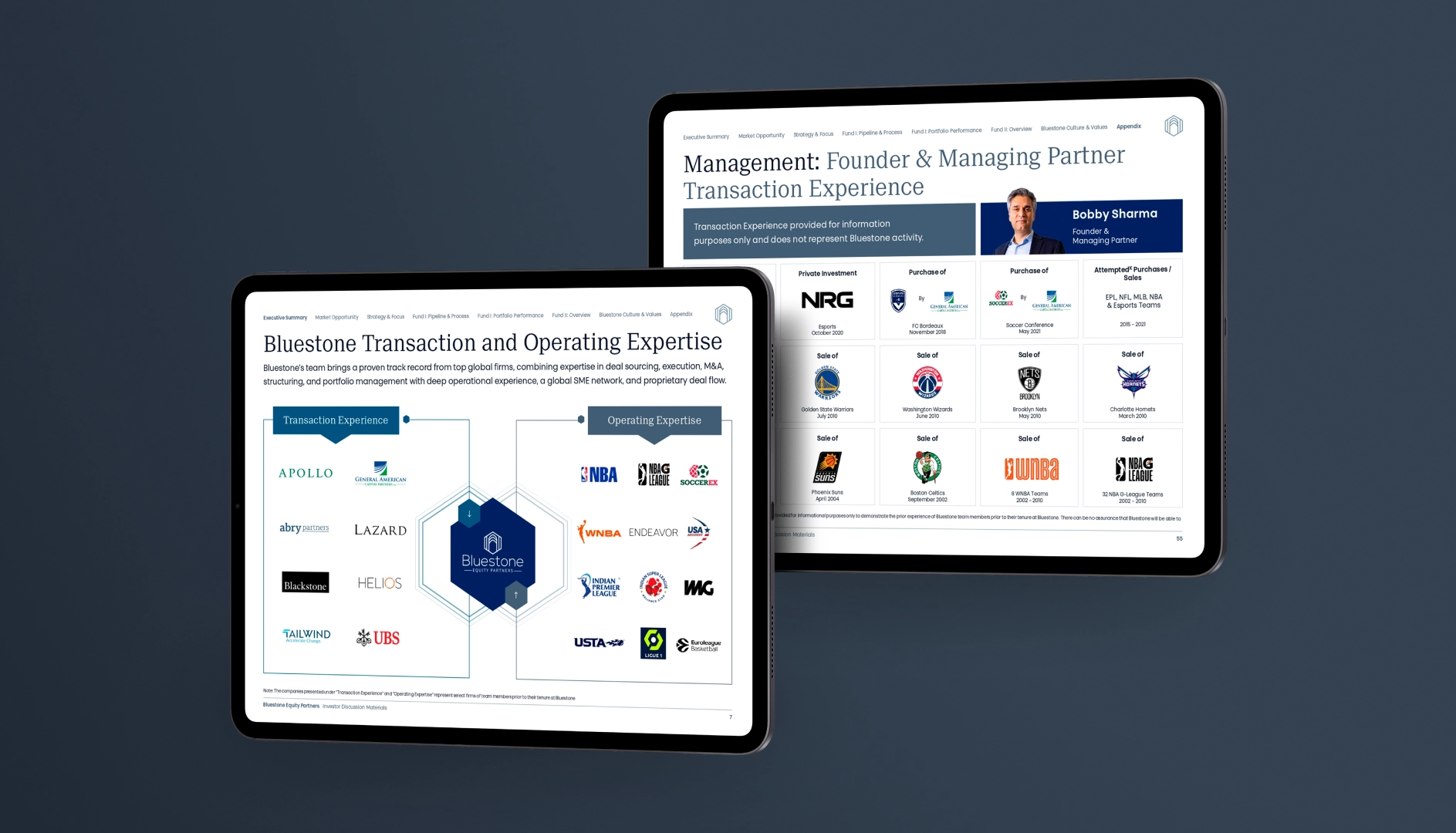 Two tablets displaying Bluestone Equity Partners presentation slides on transaction expertise and founder Bobby Sharma's management experience with sports team sales and purchases.