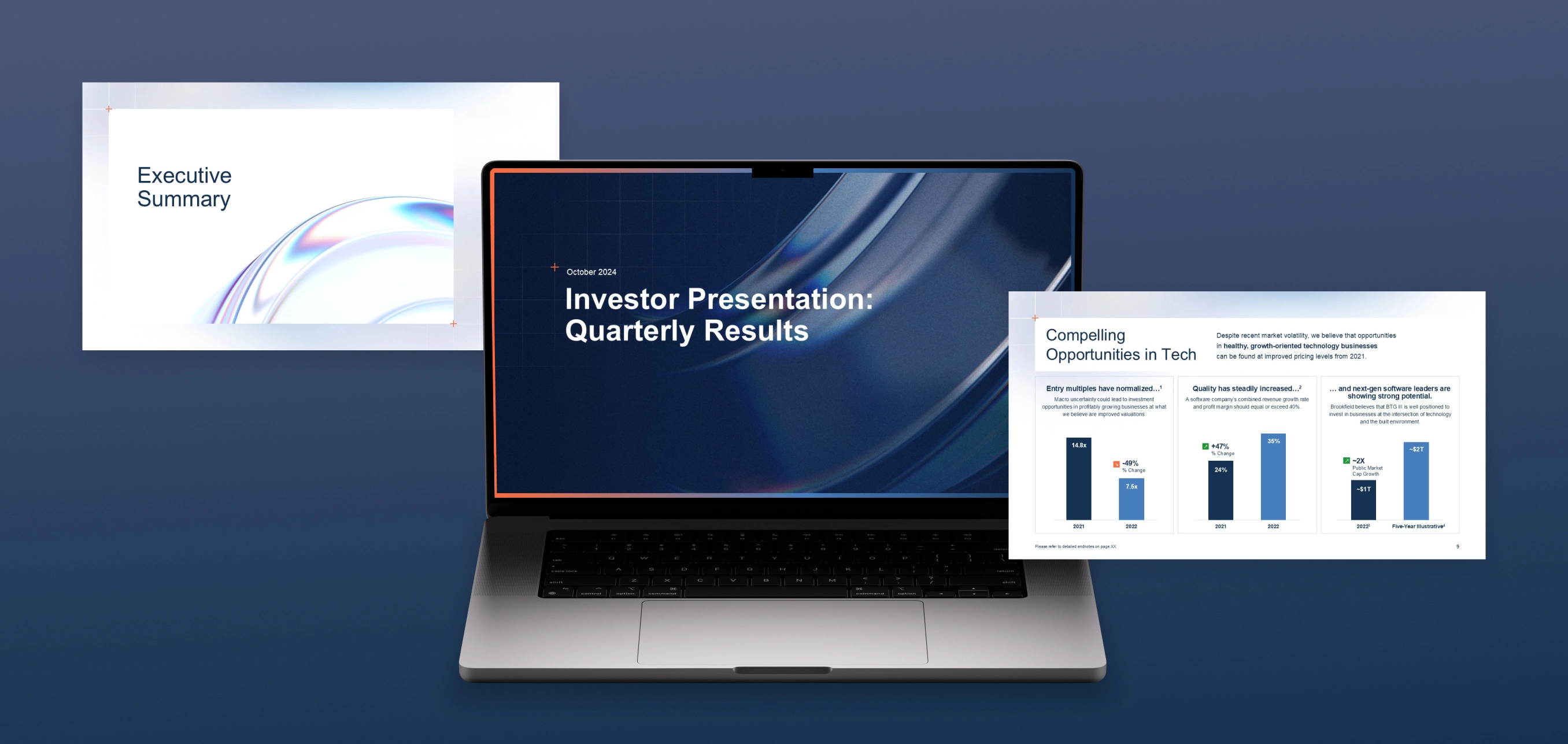Laptop displaying a slide titled 'Investor Presentation: Quarterly Results' with two presentation pages visible, one titled 'Executive Summary' and the other showing graphs and text about tech investment opportunities.
