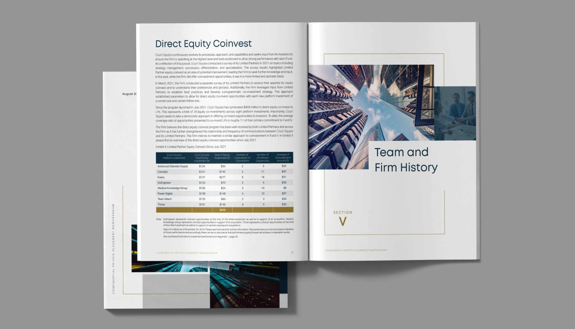 Opened brochure showing a page titled 'Direct Equity Coinvest' with text and a table of platform investments, and the facing page titled 'Team and Firm History' with a photo of skyscrapers.