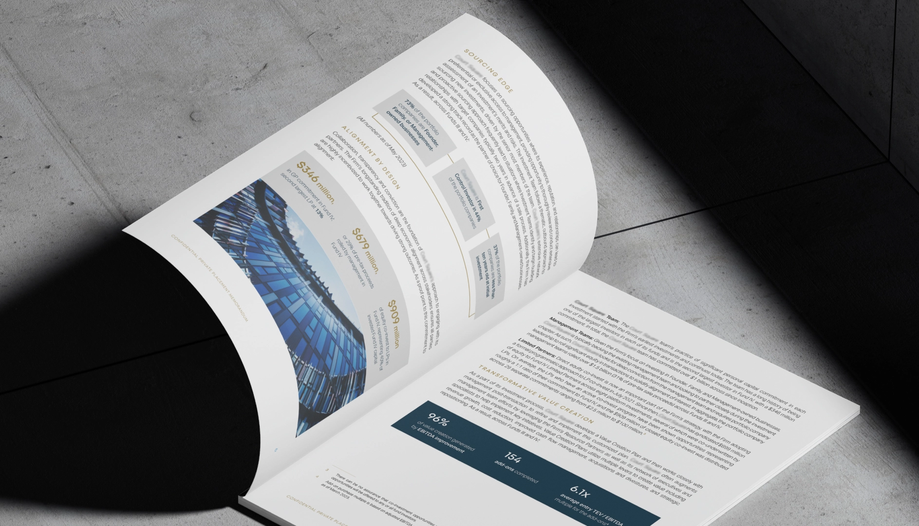 Open corporate brochure showing financial figures with a chart, text about sourcing edge and transformative value creation, and a photo of a modern glass building facade.