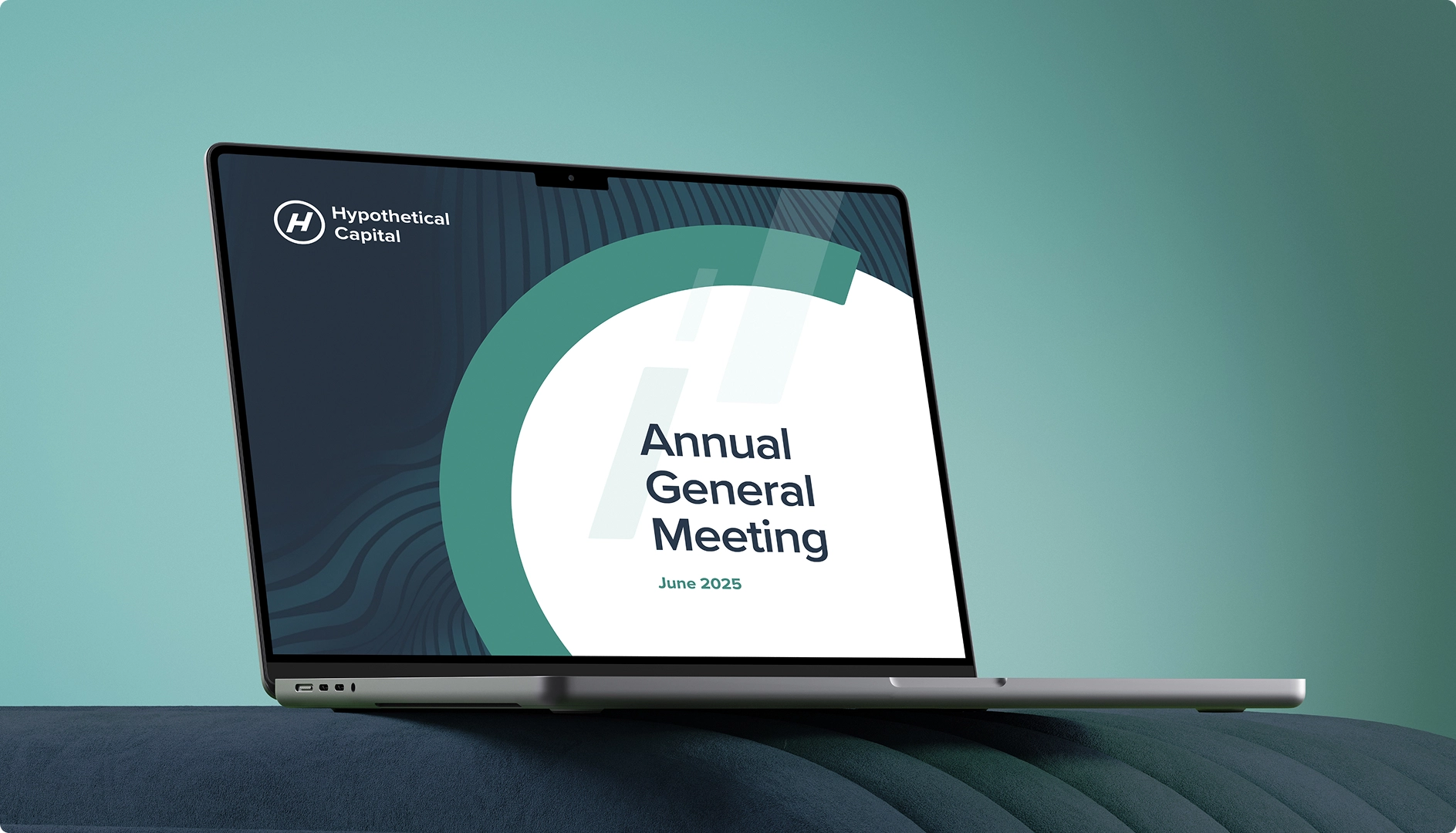 Laptop displaying a screen with the text 'Annual General Meeting June 2025' and Hypothetical Capital logo on a teal background.