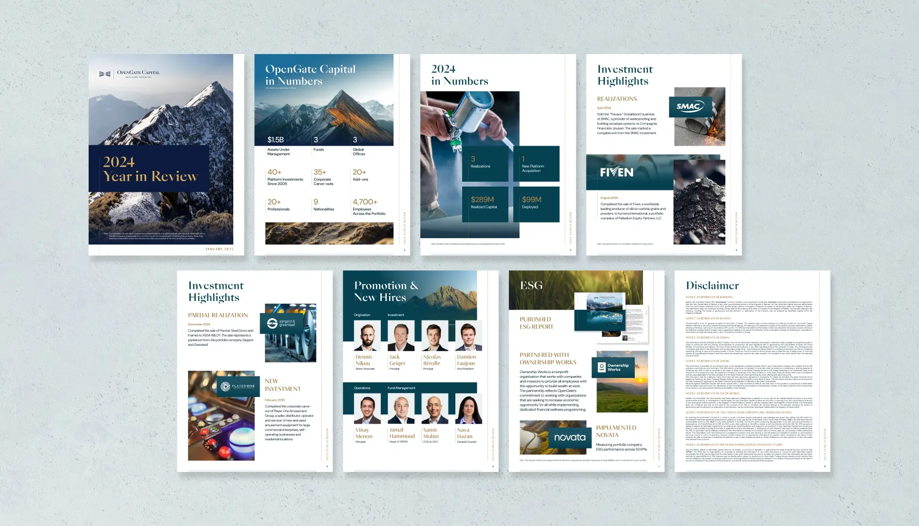 Eight-page professional annual report layout with mountain cover, financial data, investment highlights, new hires, ESG report, and disclaimer sections.