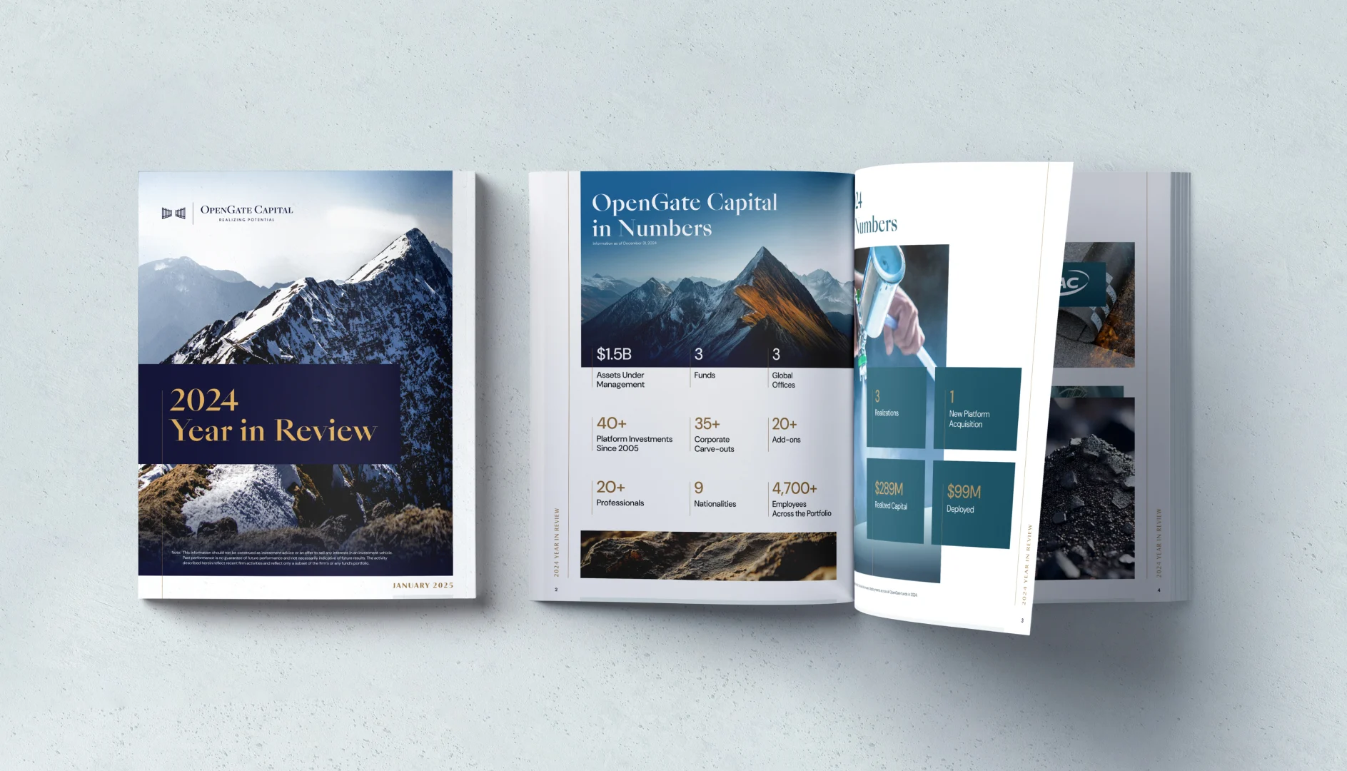 OpenGate Capital 2024 Year in Review report with cover showing a snowy mountain peak and inside pages displaying company statistics and achievements for 2024.