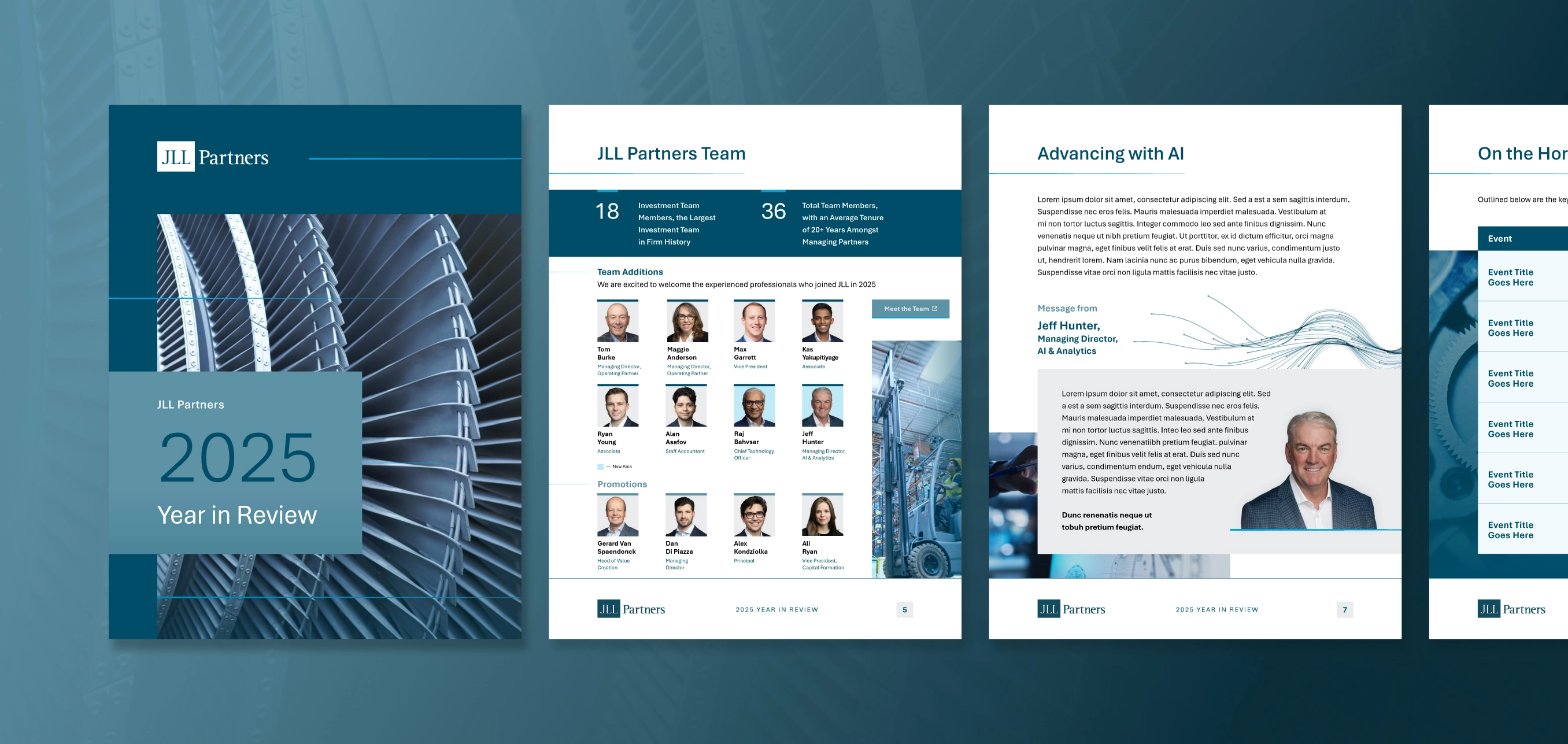 Three-page JLL Partners 2025 Year in Review document featuring a blue industrial turbine cover, team member photos with roles, and a section on advancing with AI including a portrait of Jeff Hunter.