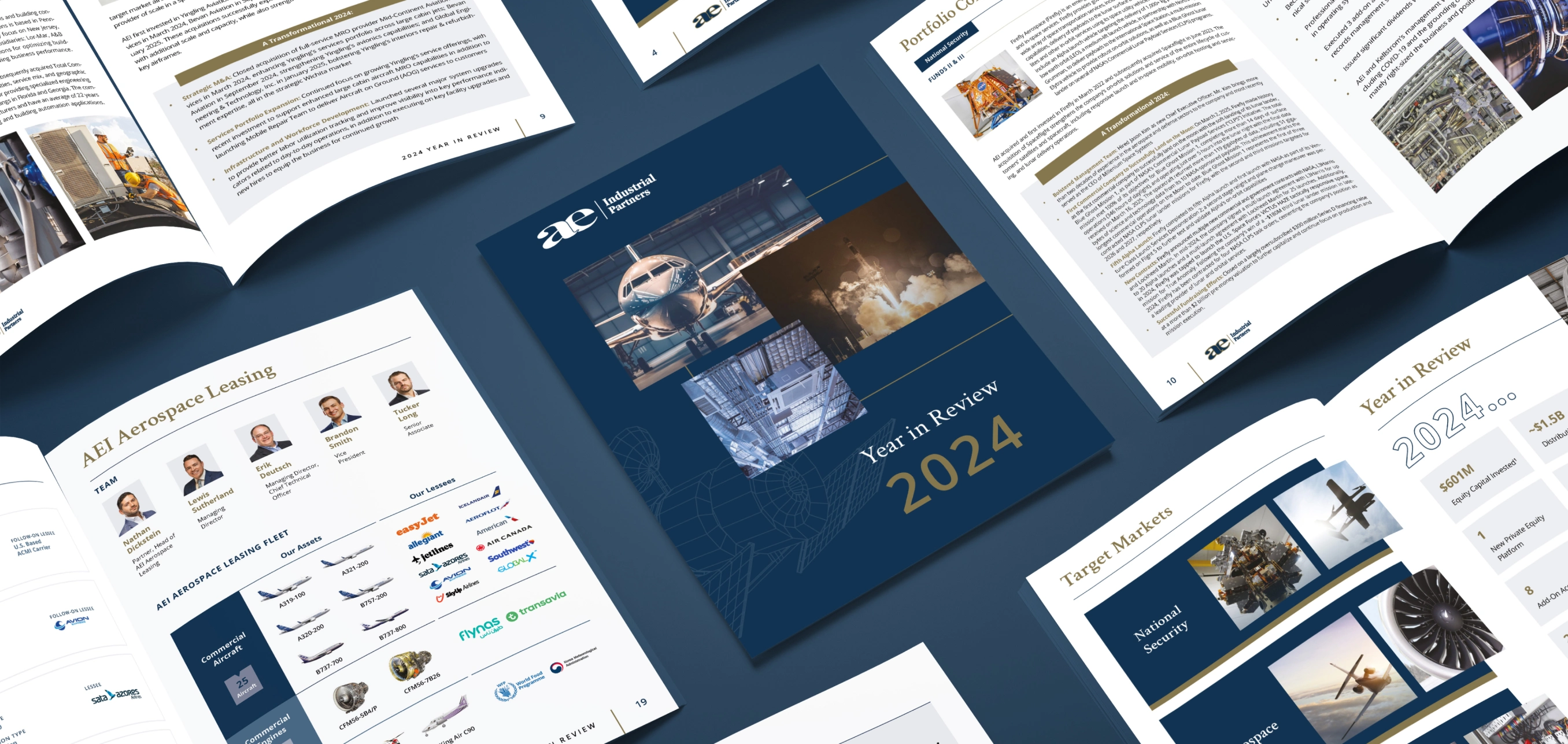 Open AE Industrial Partners 2024 Year in Review report with pages showing aerospace leasing, target markets, and portfolio company details, all laid out on a dark blue surface.