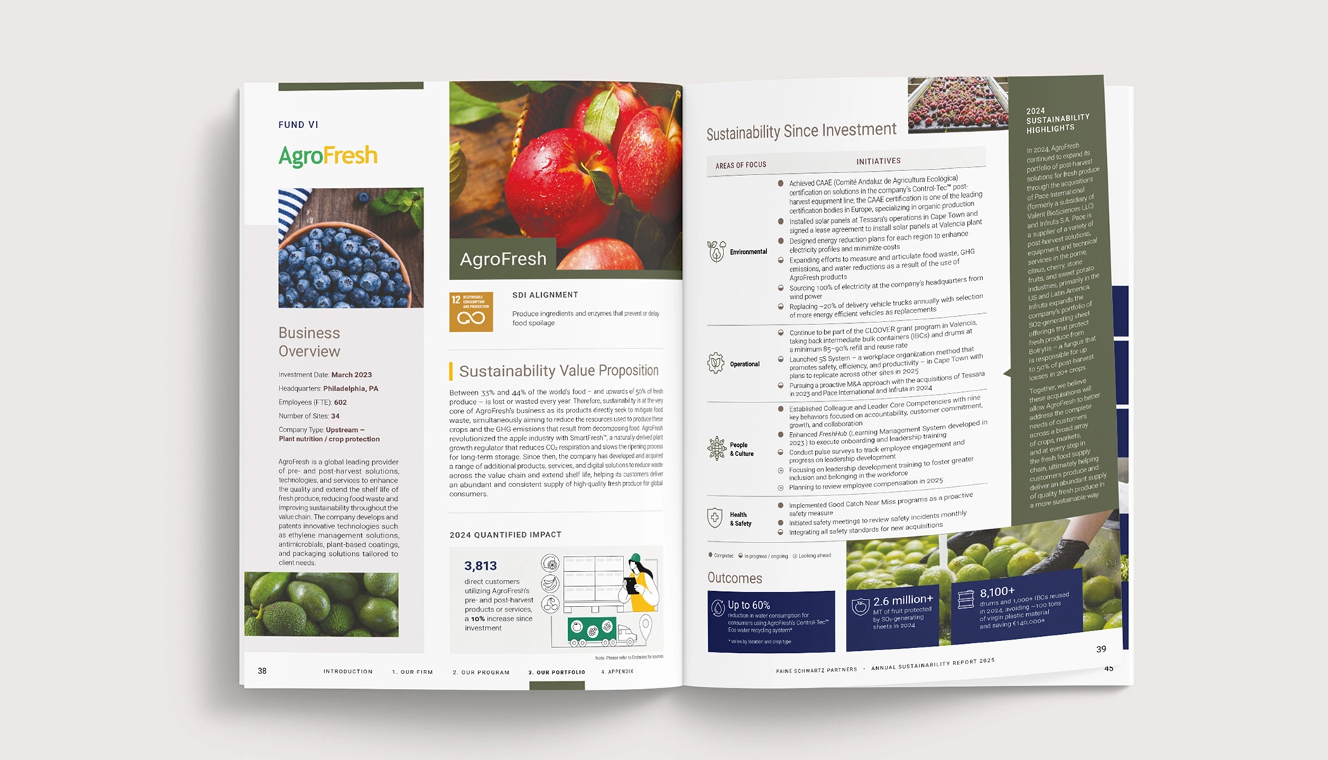 Two-page annual sustainability report spread for AgroFresh showing business overview, sustainability value proposition, quantified impact data, sustainability initiatives, 2024 highlights, and outcome metrics with images of blueberries, apples, and avocados.
