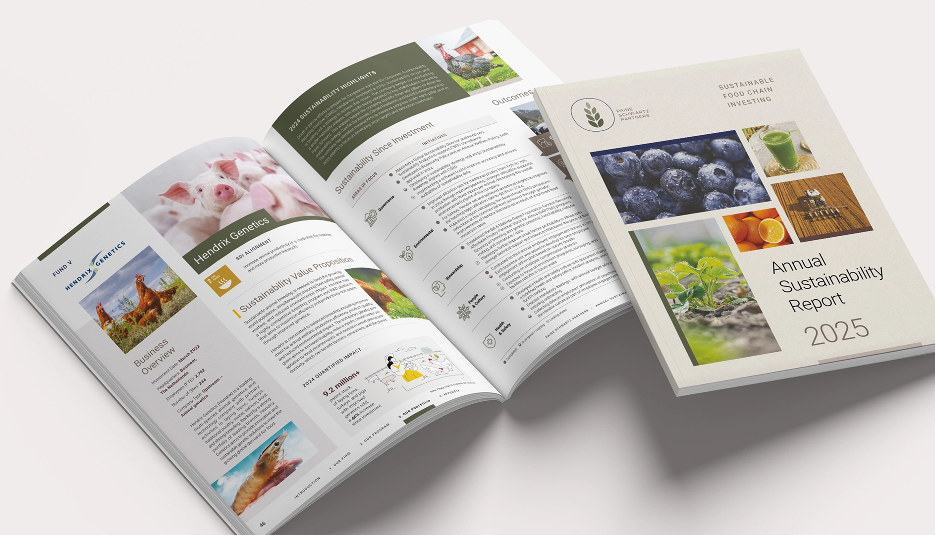 Open sustainability report 2025 from Paine Schwartz Partners showing cover with fresh produce and inside pages featuring Hendrix Genetics business overview and sustainability highlights.