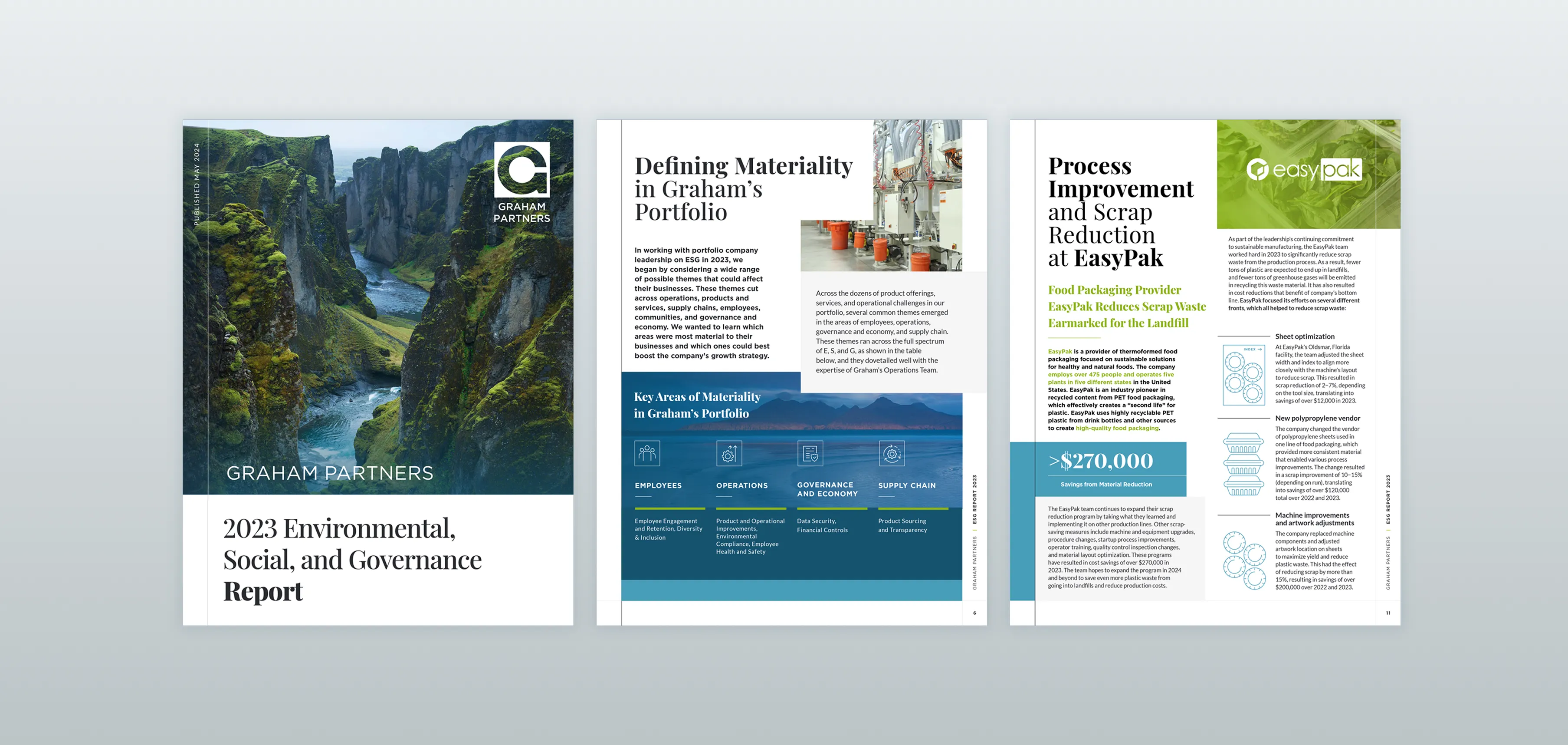 Three-page spread of the 2023 Environmental, Social, and Governance Report by Graham Partners featuring a scenic river canyon cover, materiality key areas, and EasyPak process improvement highlights.