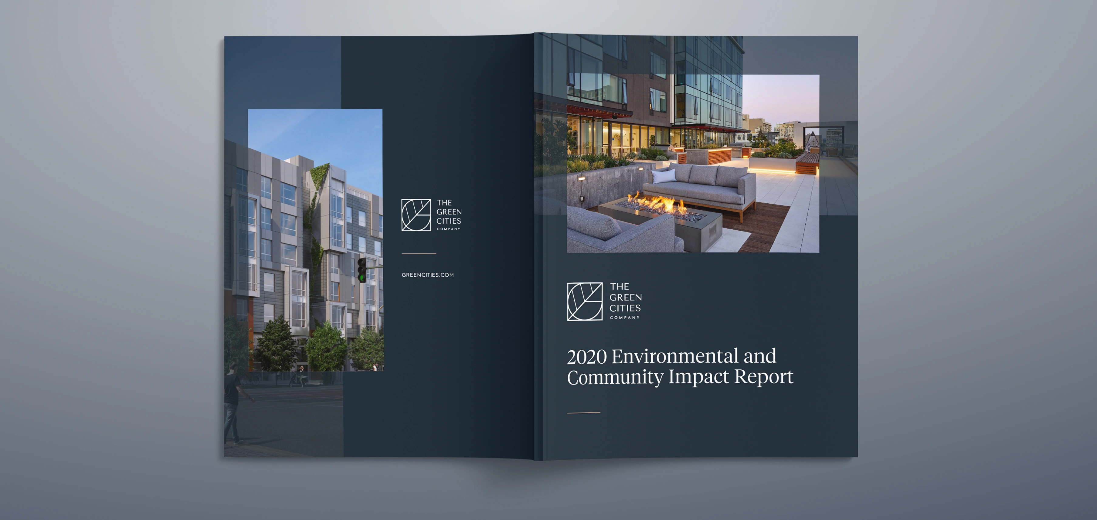 Open booklet titled '2020 Environmental and Community Impact Report' by The Green Cities Company, featuring a modern building on the left page and outdoor seating with fire pit on the right page.