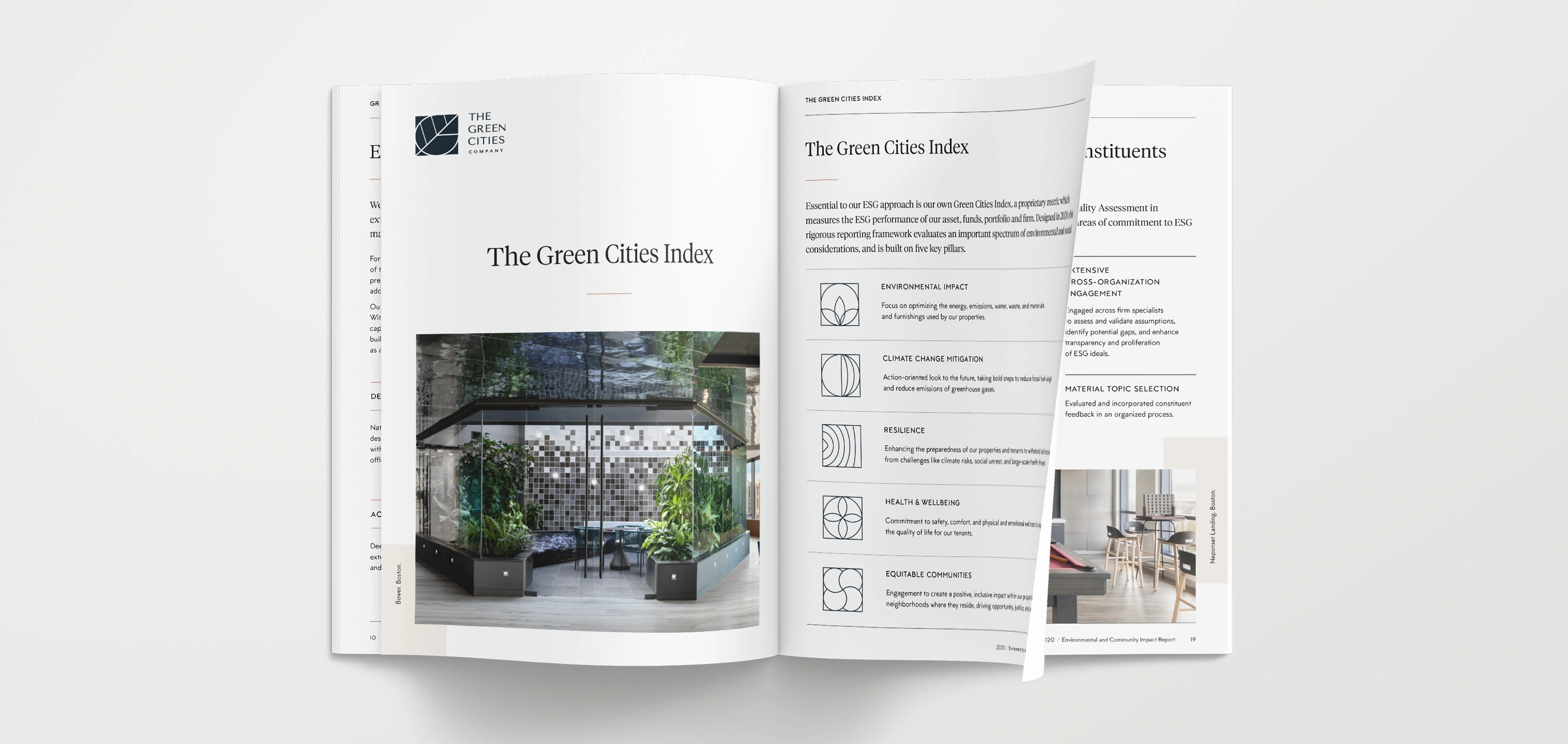Open magazine spread featuring 'The Green Cities Index' with an image of a modern indoor garden enclosed in glass and a page listing five key pillars of environmental and social governance.