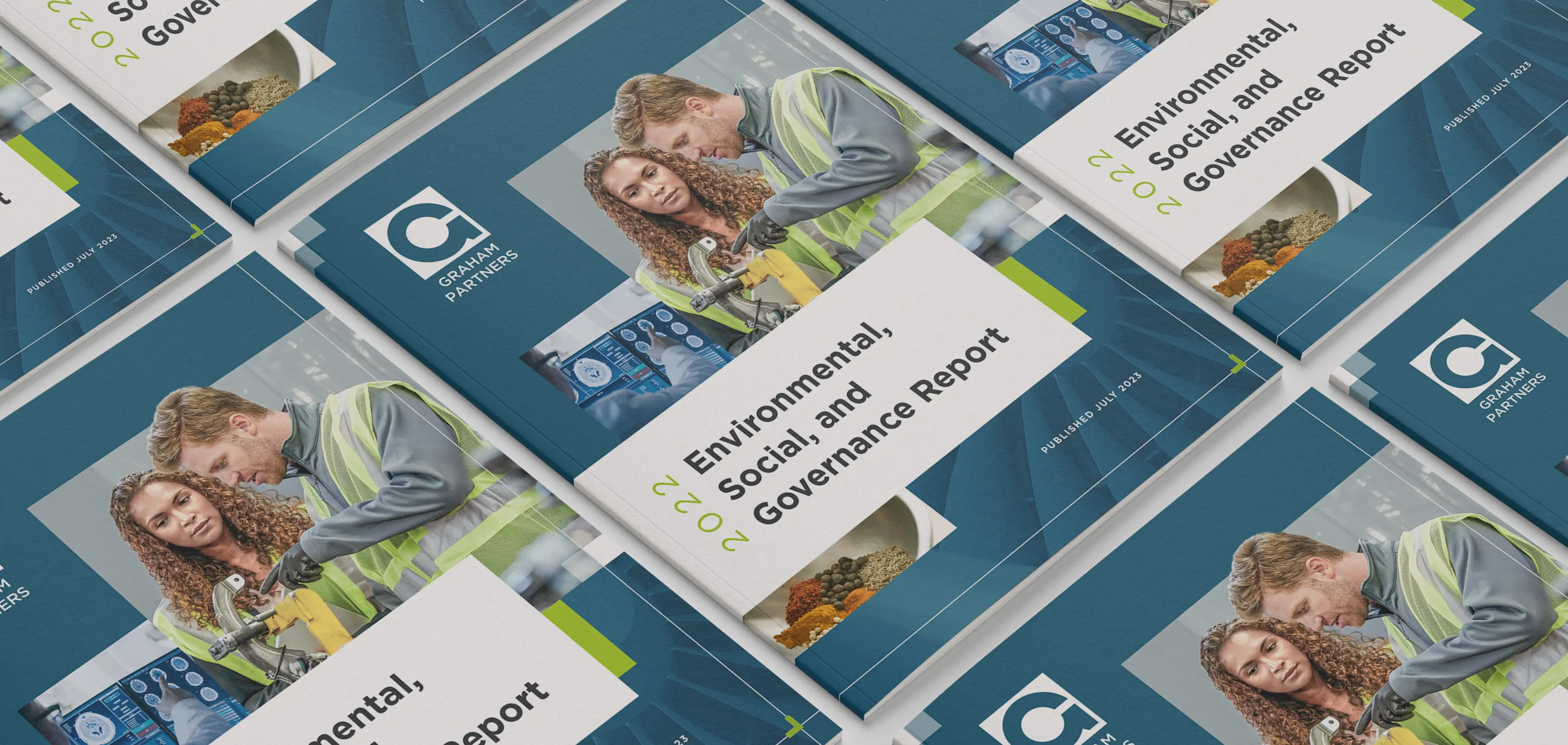 Multiple copies of a 2022 Environmental, Social, and Governance Report with a cover photo of two workers inspecting equipment.