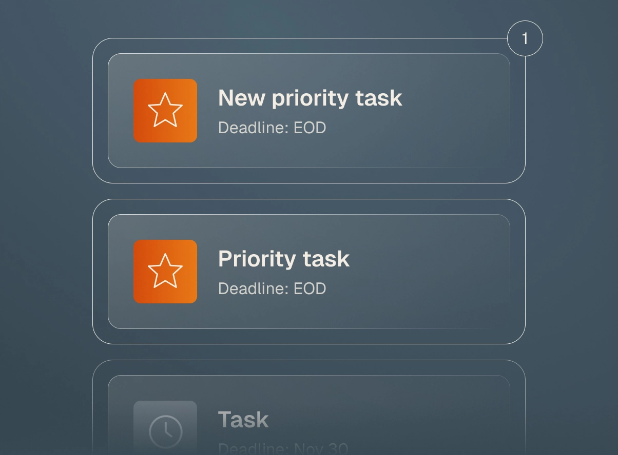 Task list UI showing a new priority task and a priority task, both with star icons and deadline set to EOD.