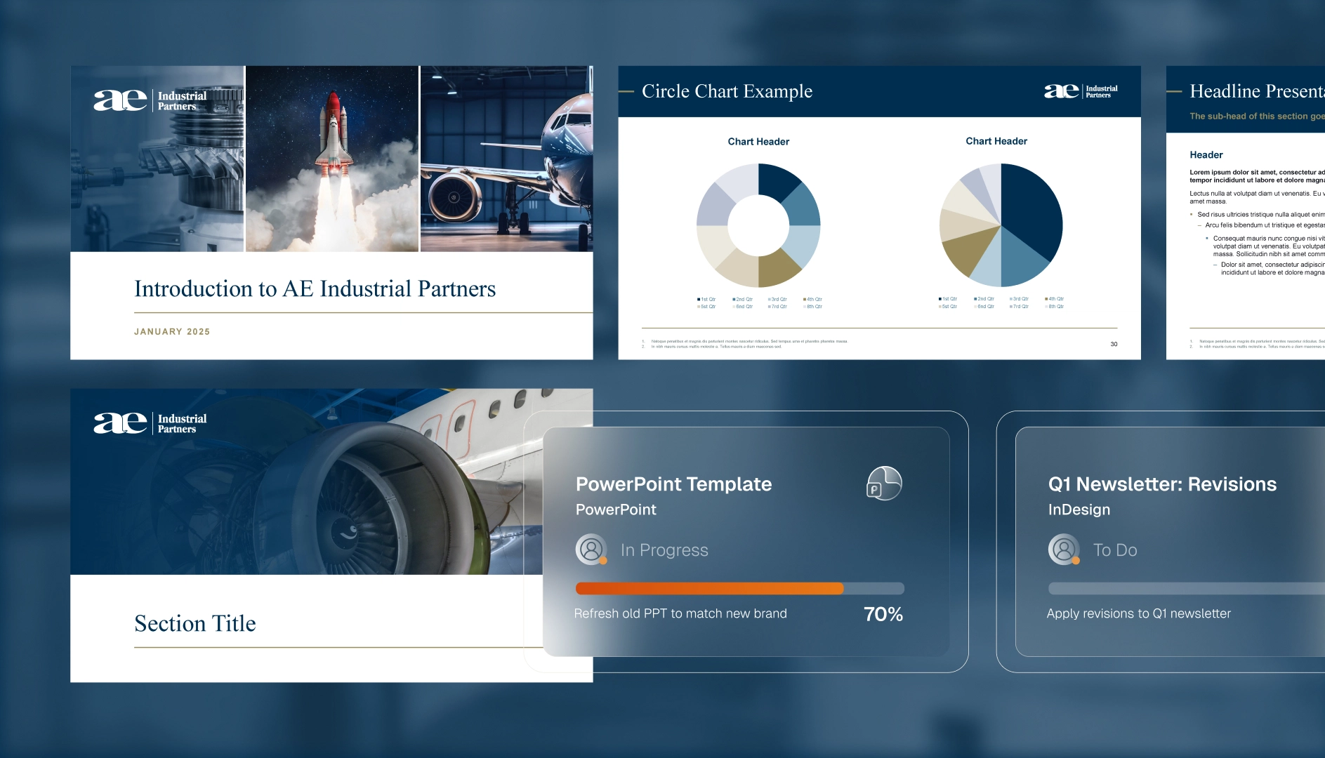 Collage of AE Industrial Partners slides showing introduction, circle charts, section title with an airplane engine background, and progress bars for PowerPoint Template at 70% and Q1 Newsletter revisions to do.