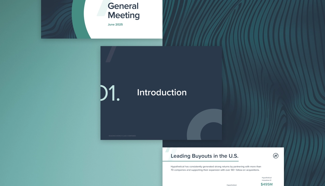 Presentation slides overview: General Meeting June 2025, slide titled Introduction, and a summary of Leading Buyouts in the U.S.