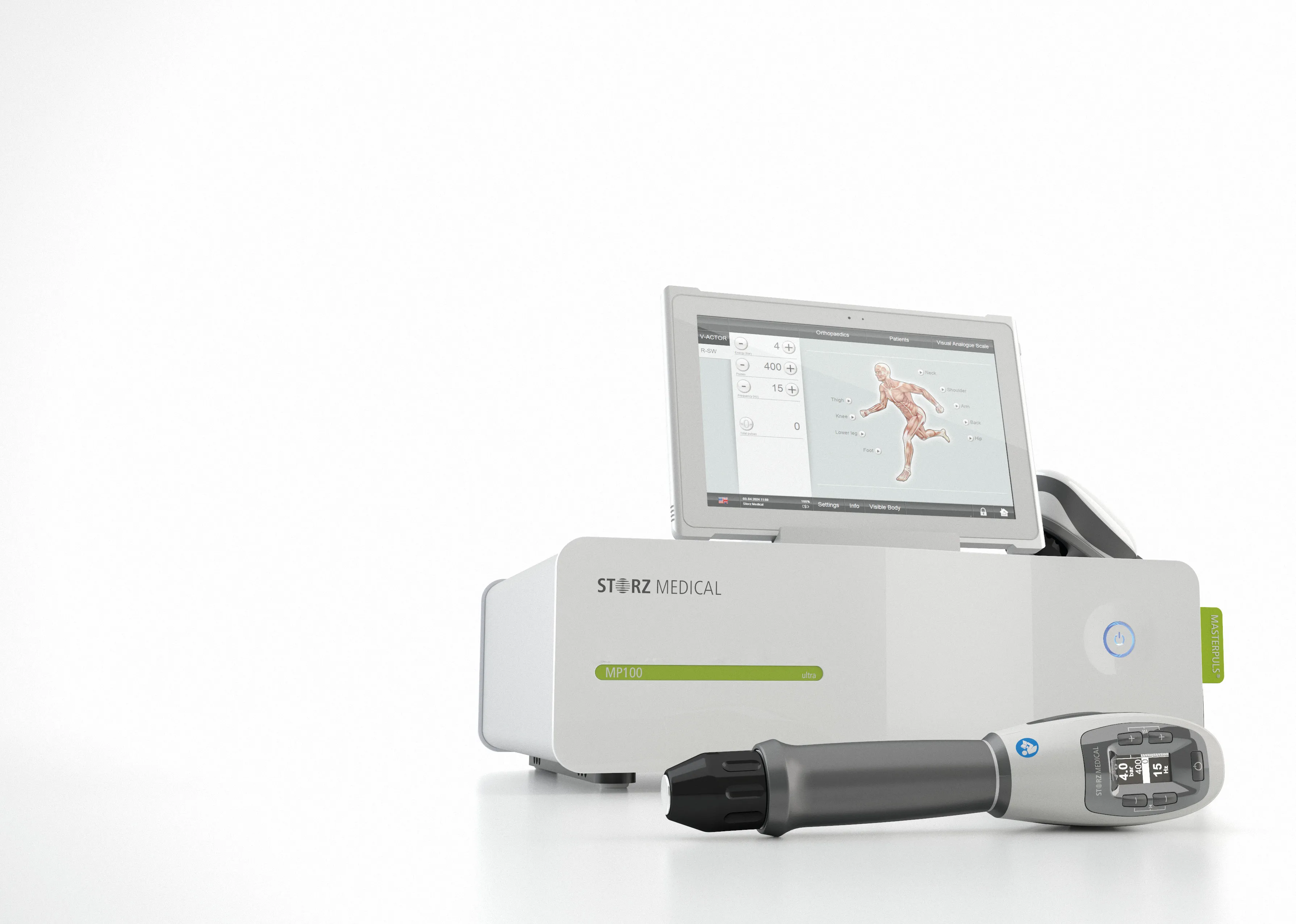 STORZ Medical shock wave therapy console with touchscreen and handpiece