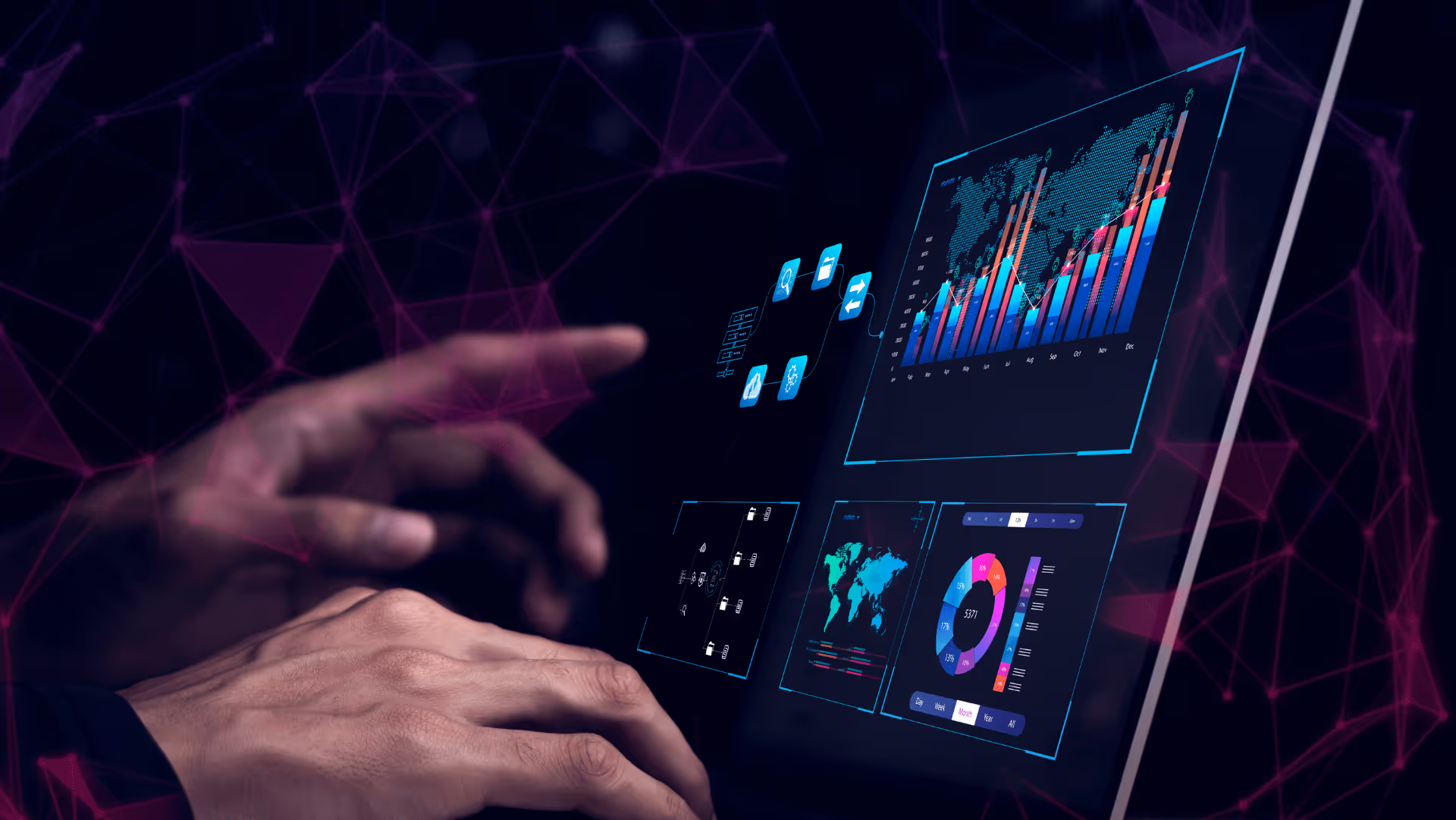 Hands type on holographic data dashboard