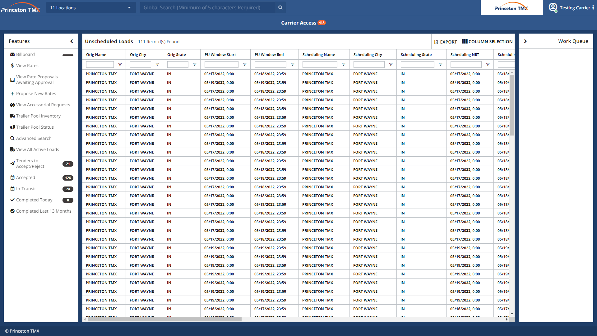 Unscheduled loads table on Princeton TMX
