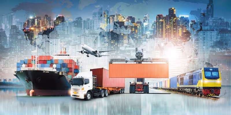 Logistics scene with ship, trucks, and train