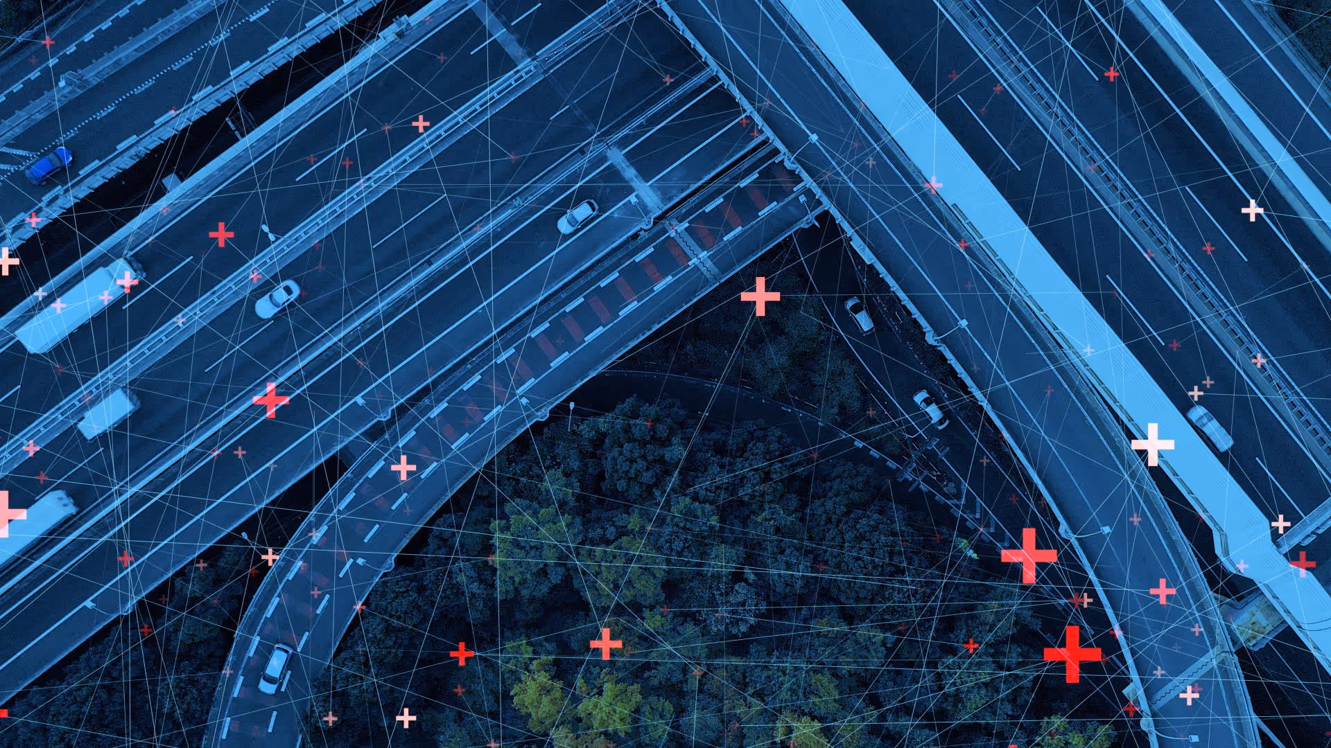 Aerial view of curved highway interchange