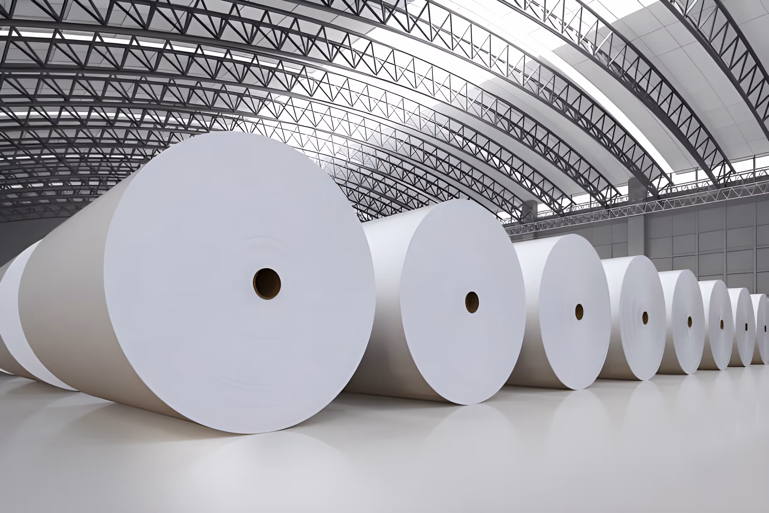 Row of large white paper rolls in warehouse