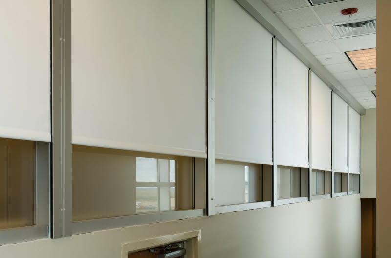Healthcare interior hallway with large windows fitted with white roller shades for privacy and light control.