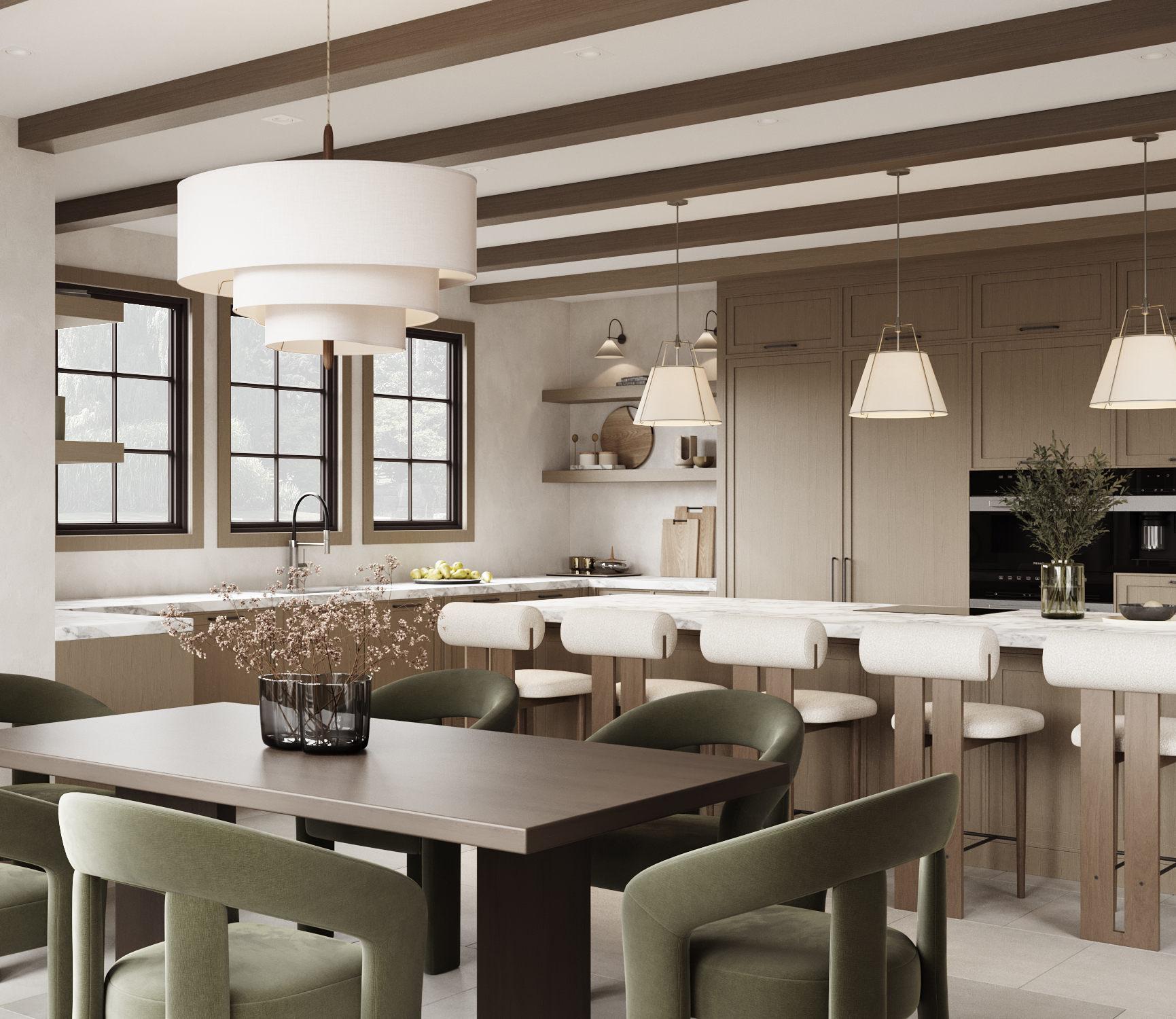 Modern open-concept kitchen with wood beams and custom cabinetry in Toronto residence