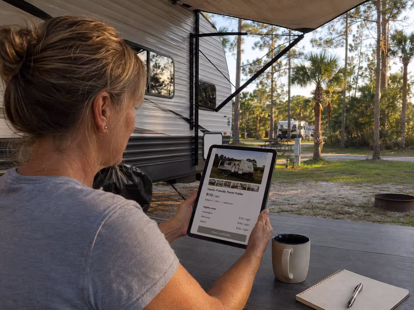 Renter comparing RV rental prices in Orlando, Florida at a campsite