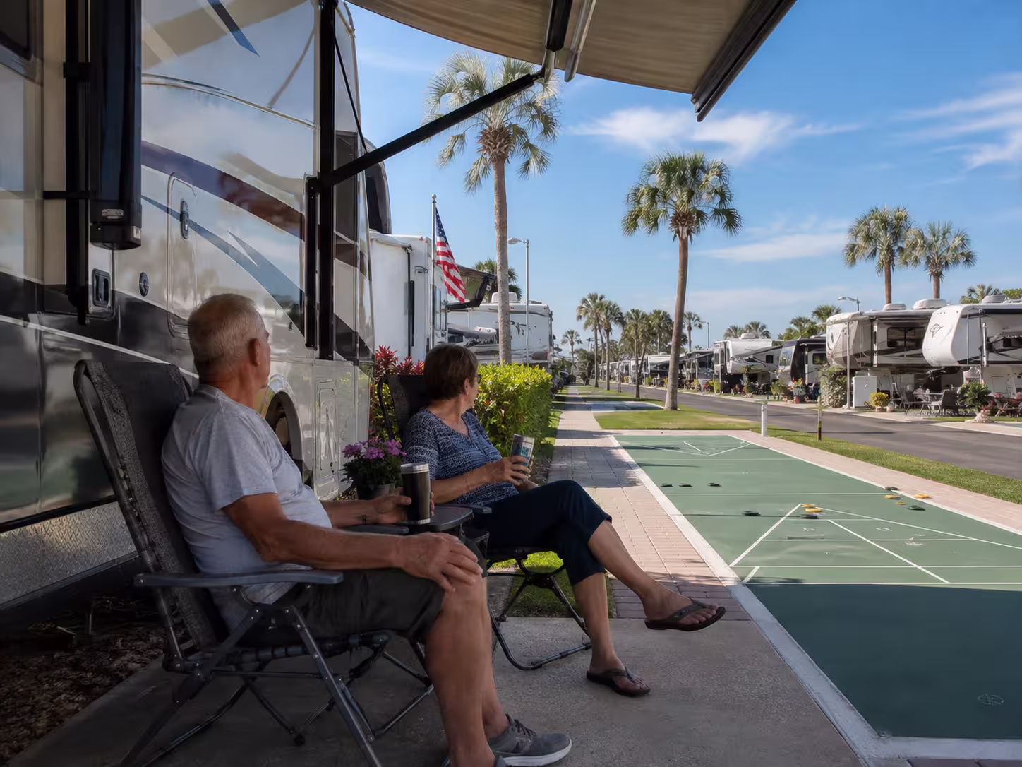 Snowbird couple at a long term RV site near Orlando