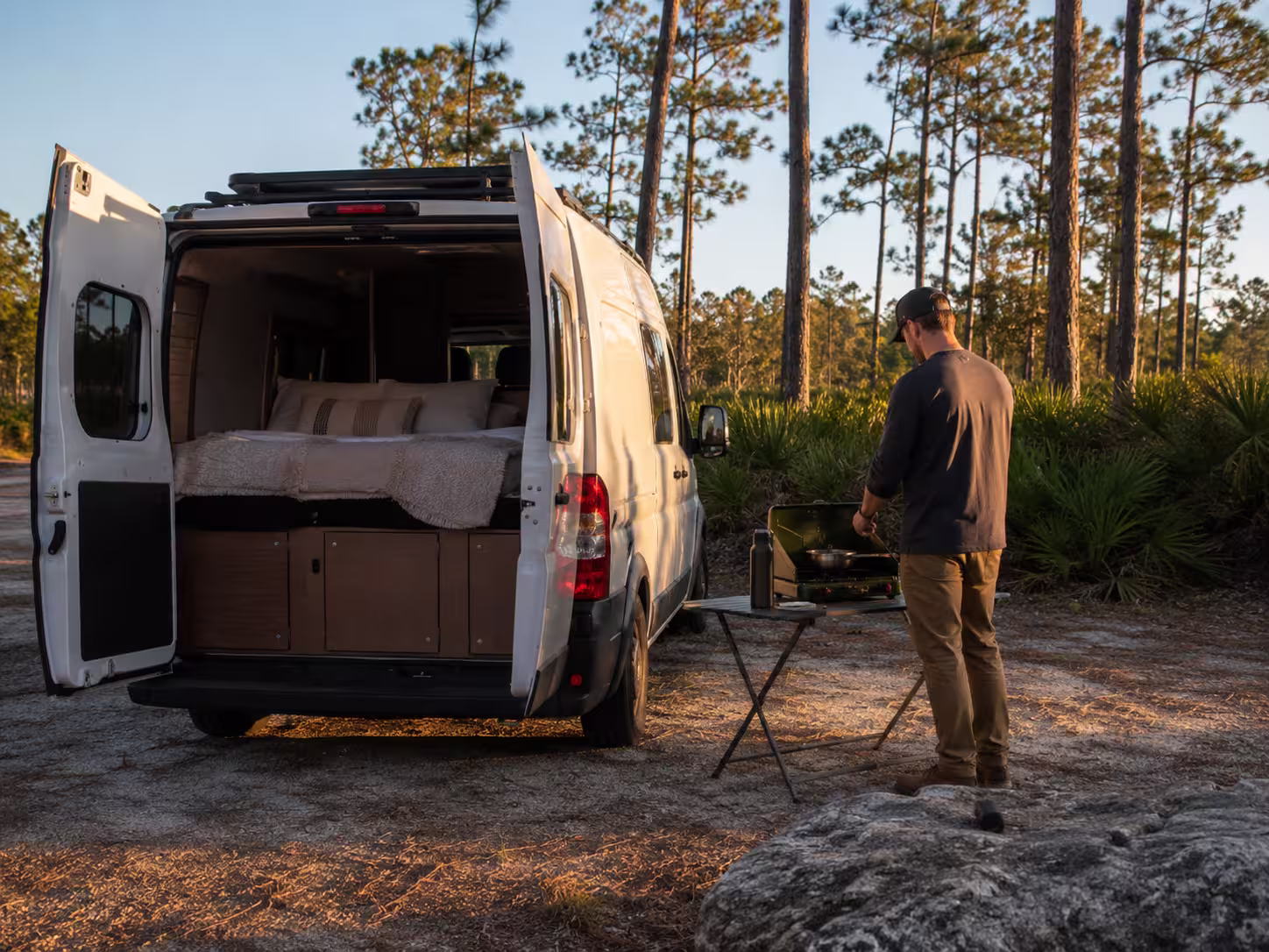 Camper van rental set up at a campsite near Orlando