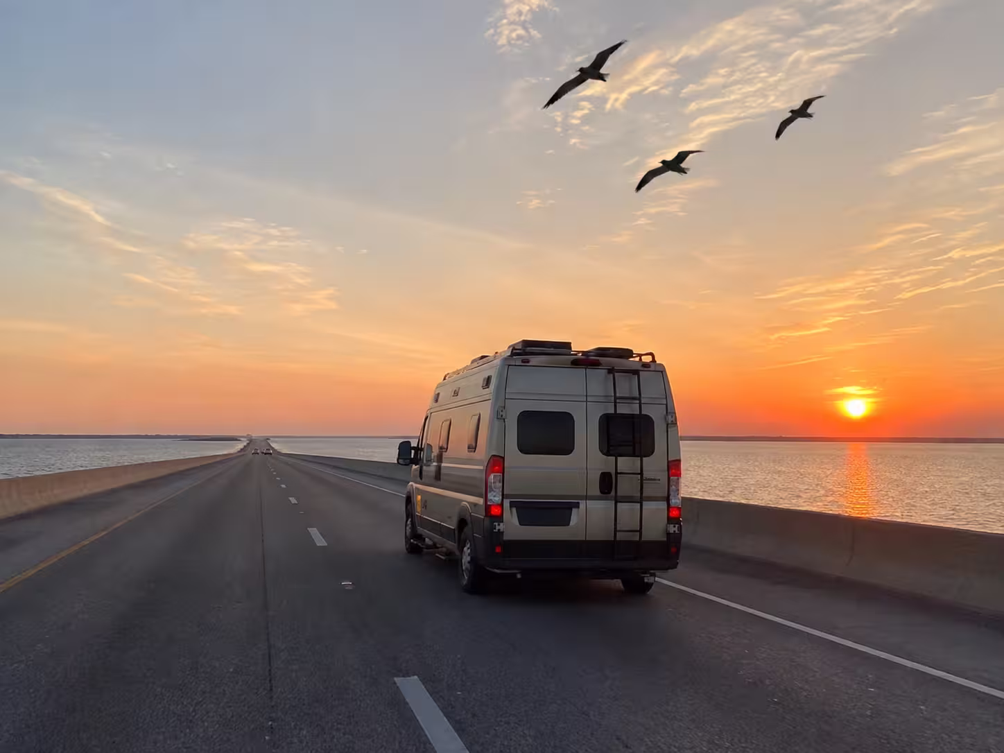 Camper van rental driving toward the coast from Orlando