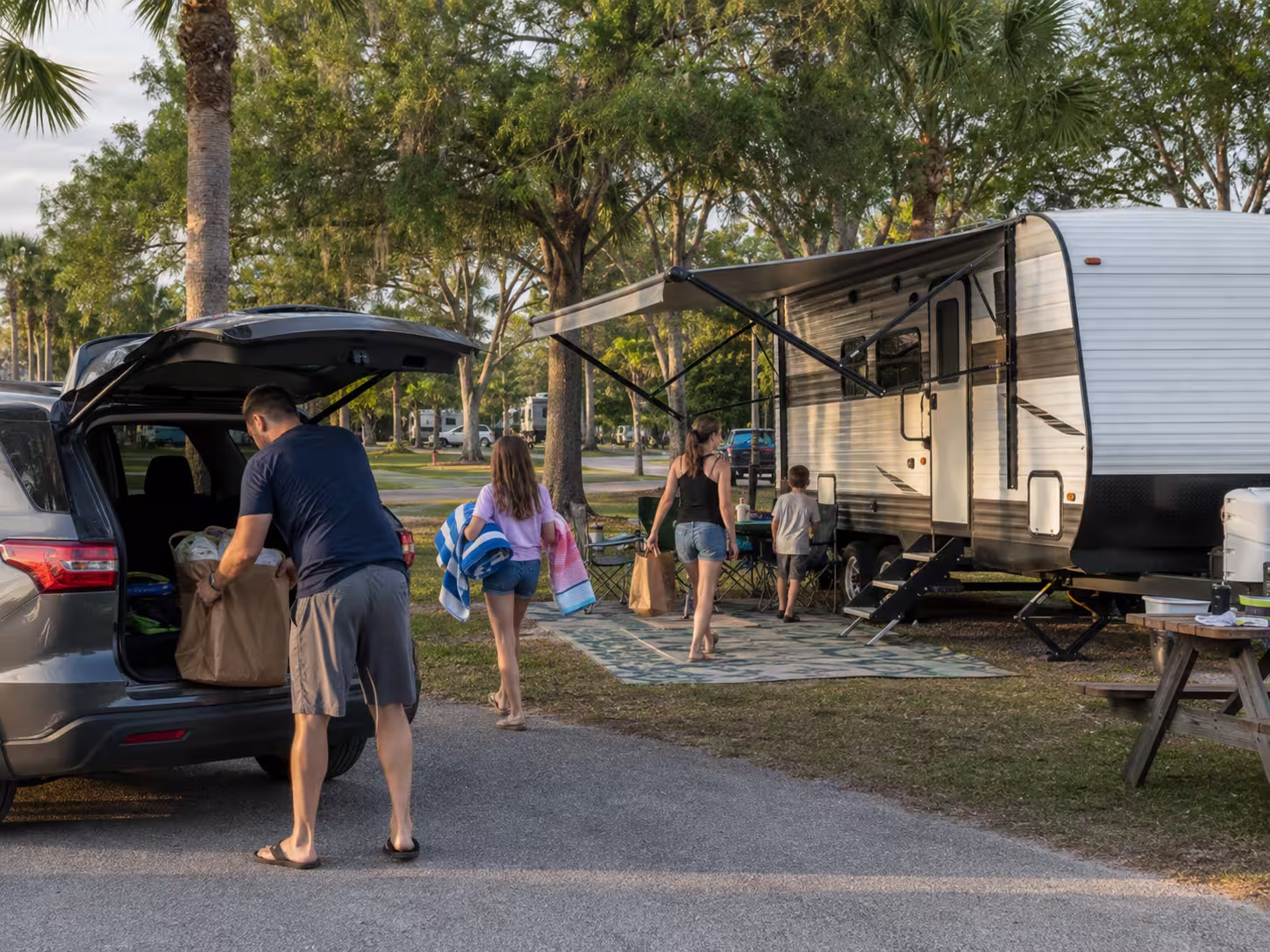 Family arriving at a pre-set camper rental near Orlando