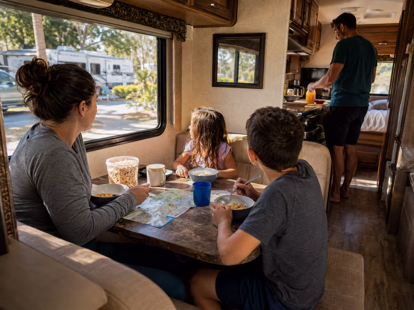Family having breakfast inside a Class C motorhome near Orlando