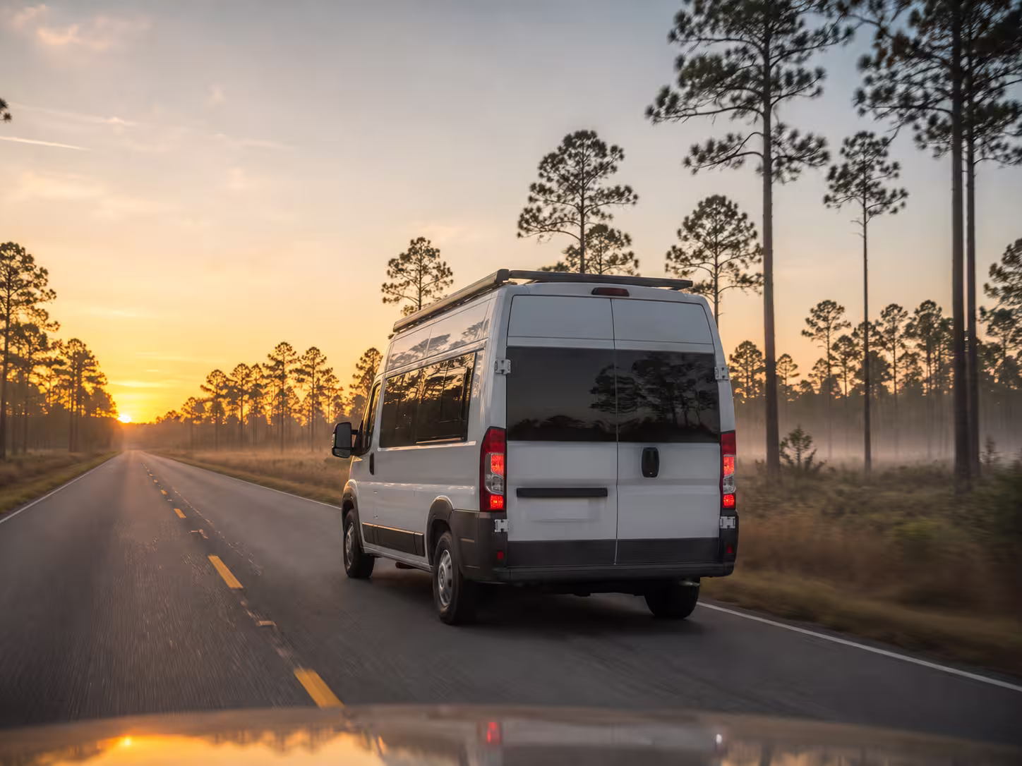 Class B camper van on a rural road outside Orlando