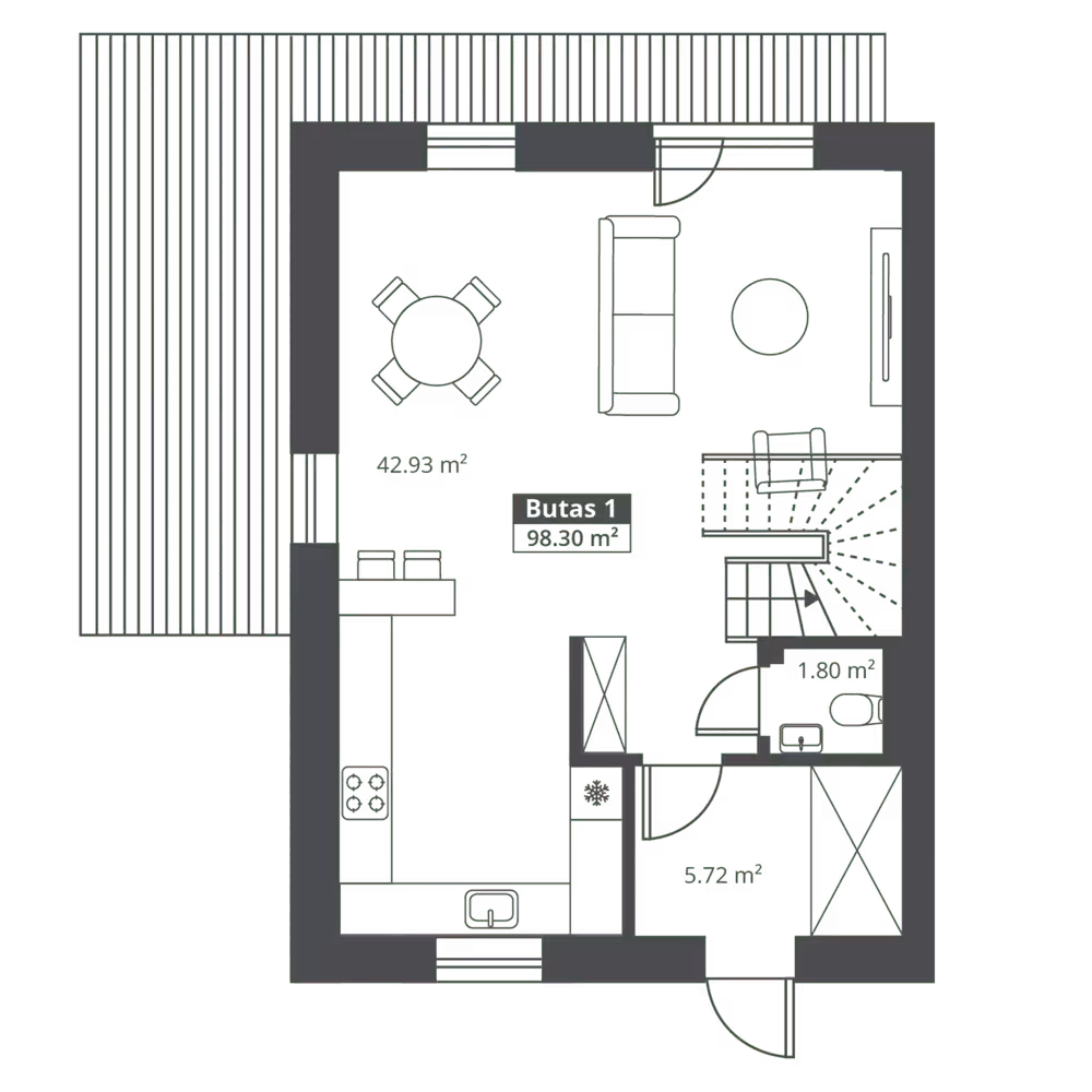 Kotedžo pirmo aukšto planas