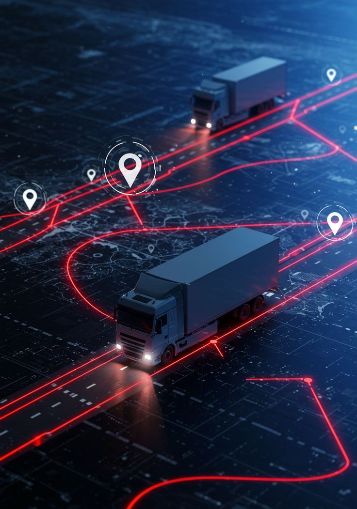 Illuminated logistics map tracking delivery trucks across a network
