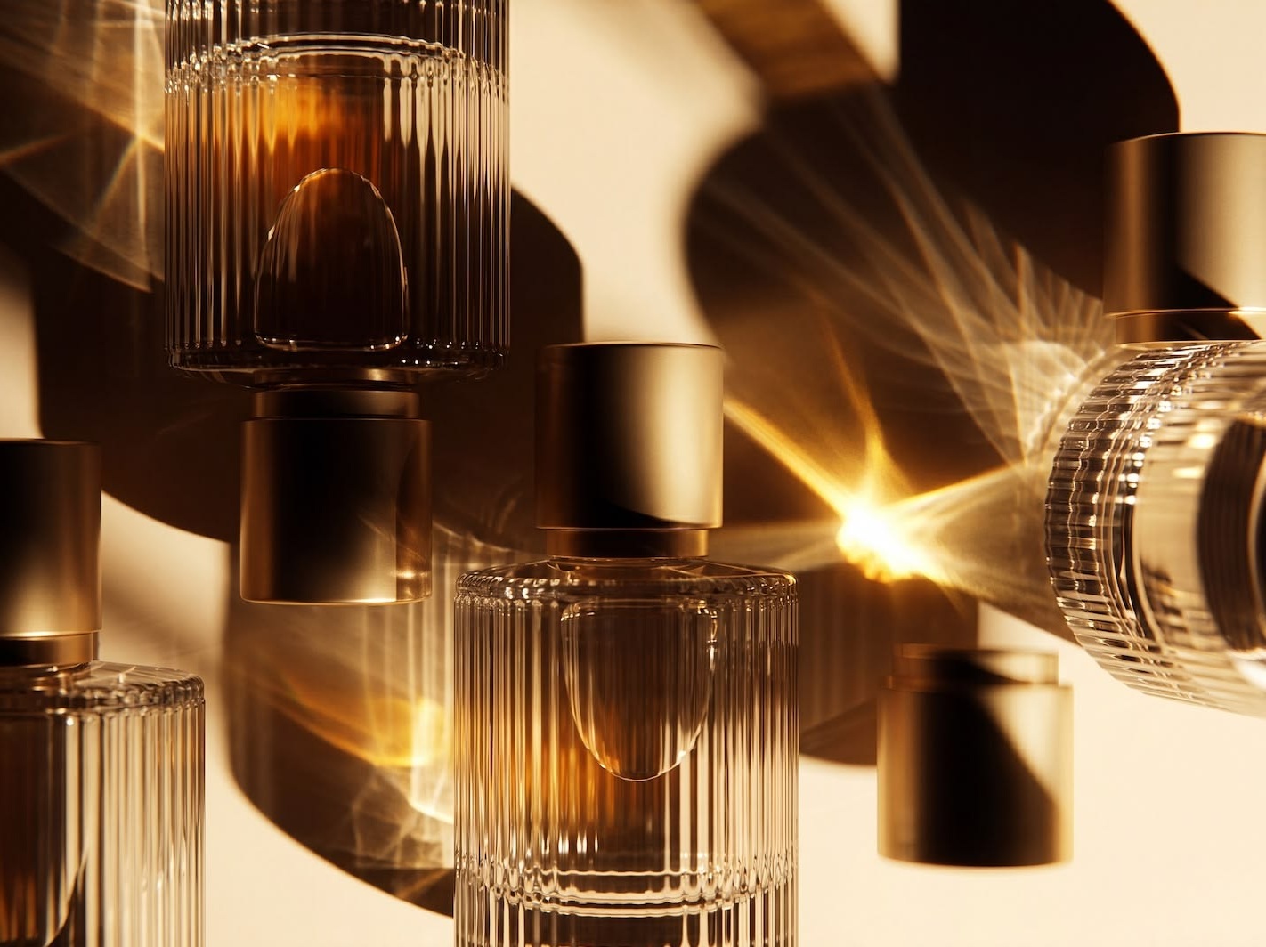 Row of backlit fluted glass jars and closures