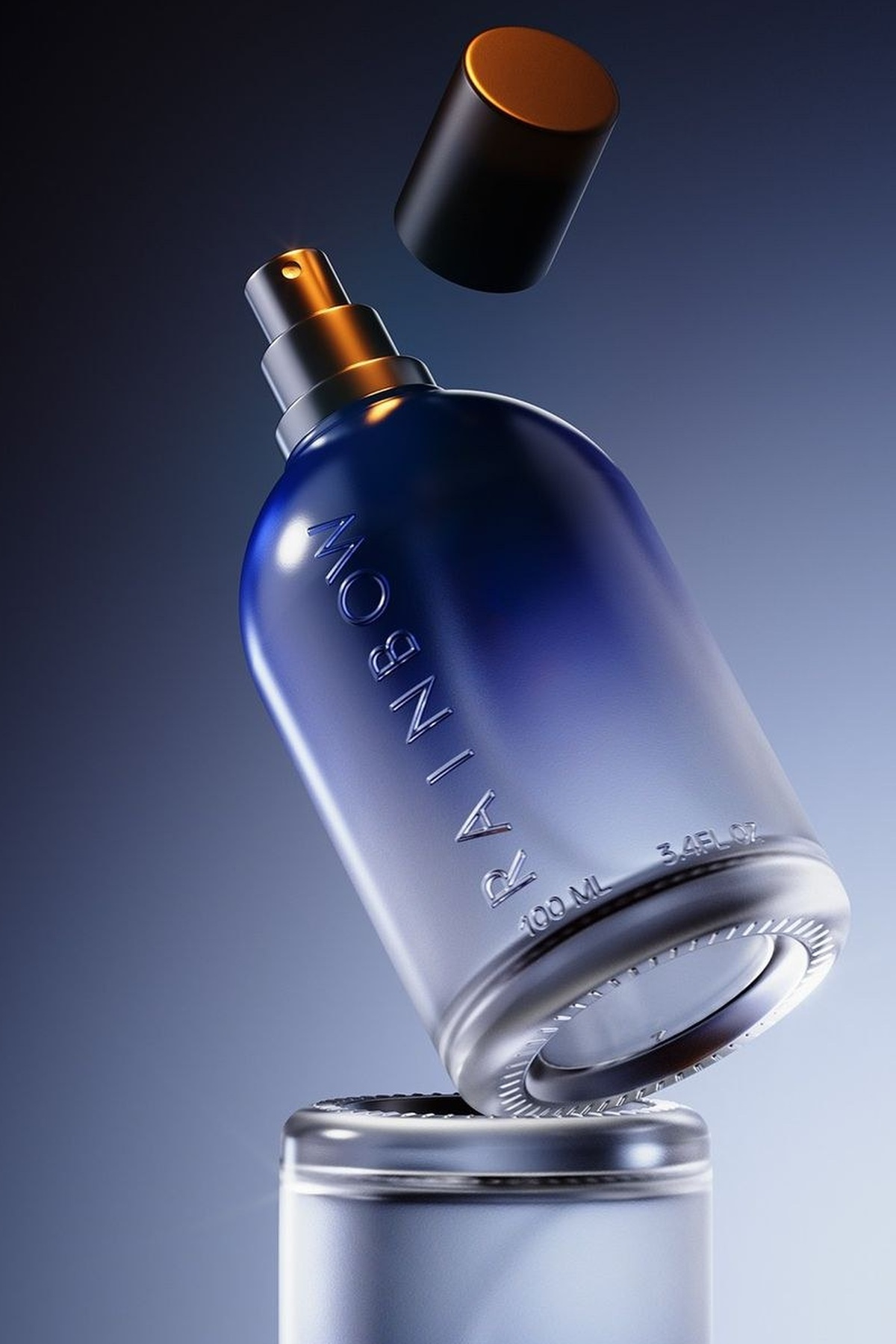 Deep blue embossed glass bottle