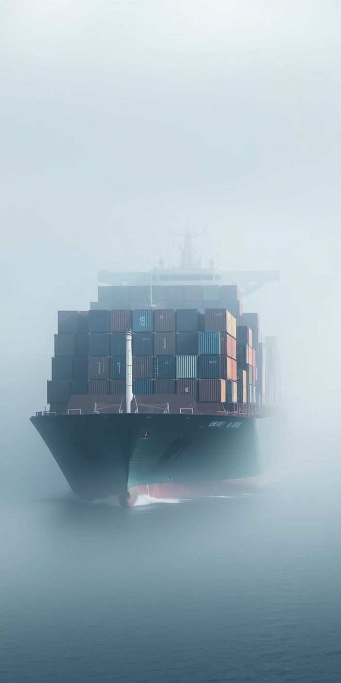 Cargo ship carrying containers through mist