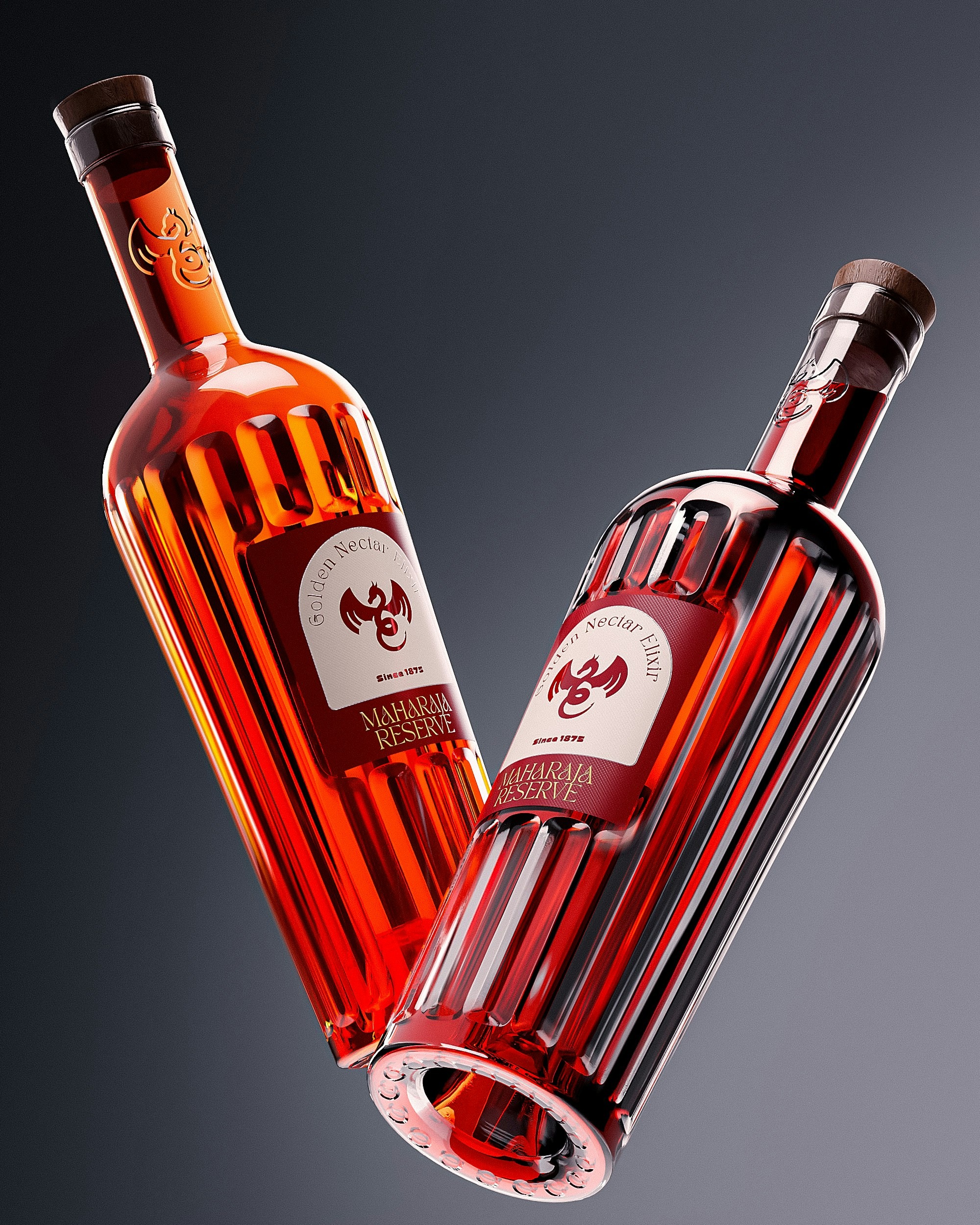 Backlit red Golden Nectar bottles behind fluted glass