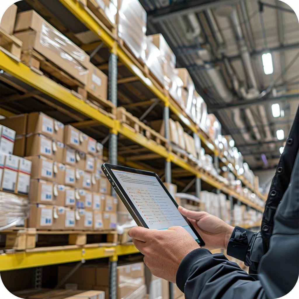 Warehouse associate checking stock on a tablet beside racked cartons
