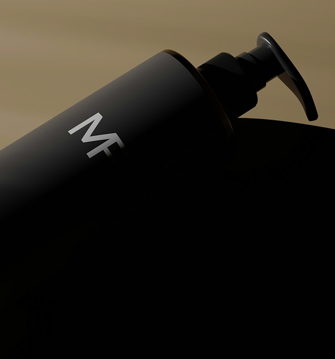 Matte black pump bottle lit against a warm neutral backdrop