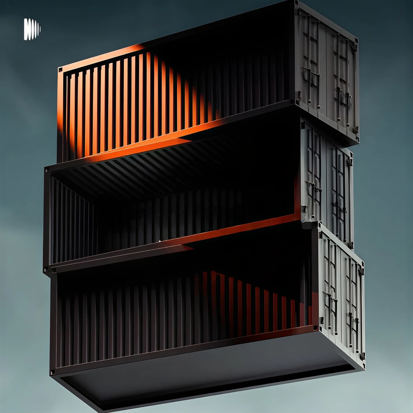 Stacked dark shipping containers with orange interiors