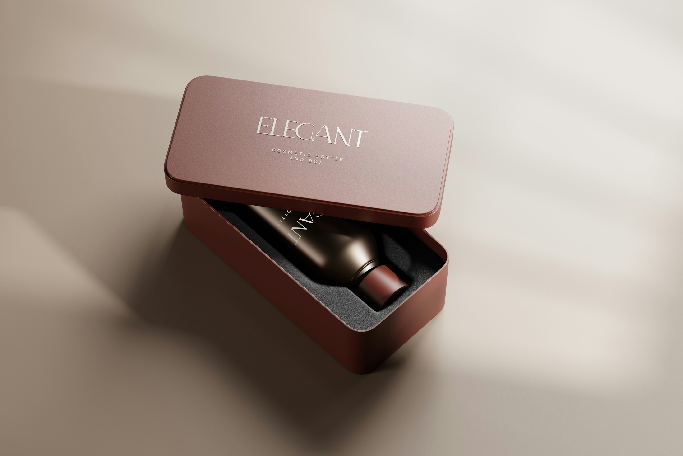 Rose-gold rigid gift box presenting a cosmetic bottle