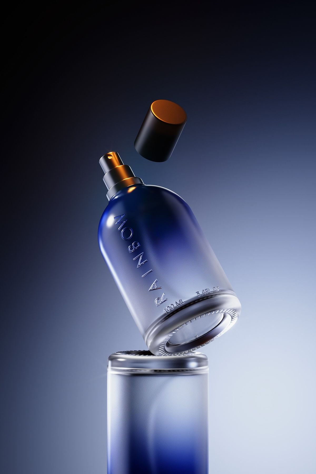 Cobalt blue fragrance bottle tilted above its glass base against a dark gradient backdrop