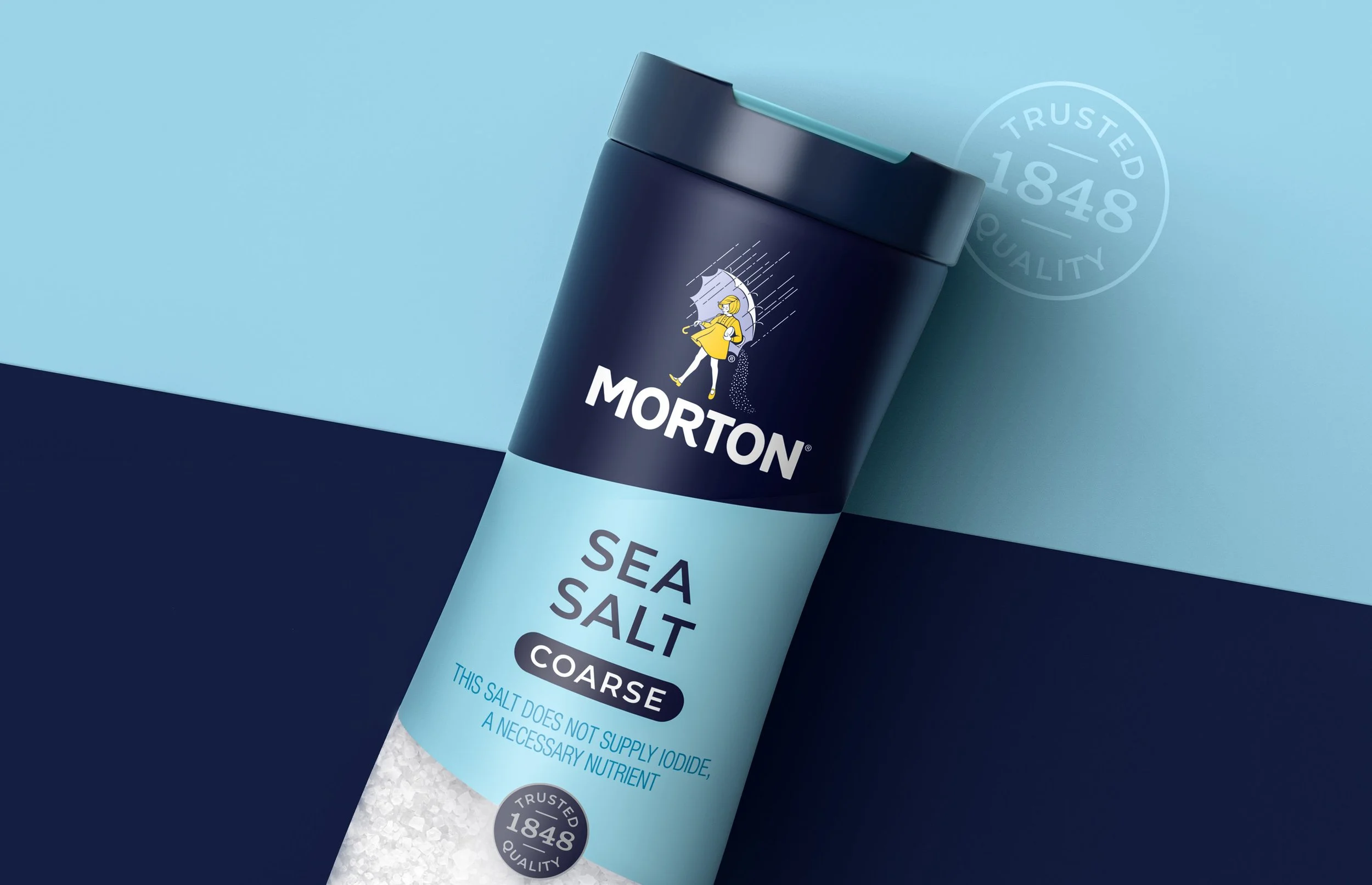 Morton Sea Salt coarse shaker in navy and pale blue packaging
