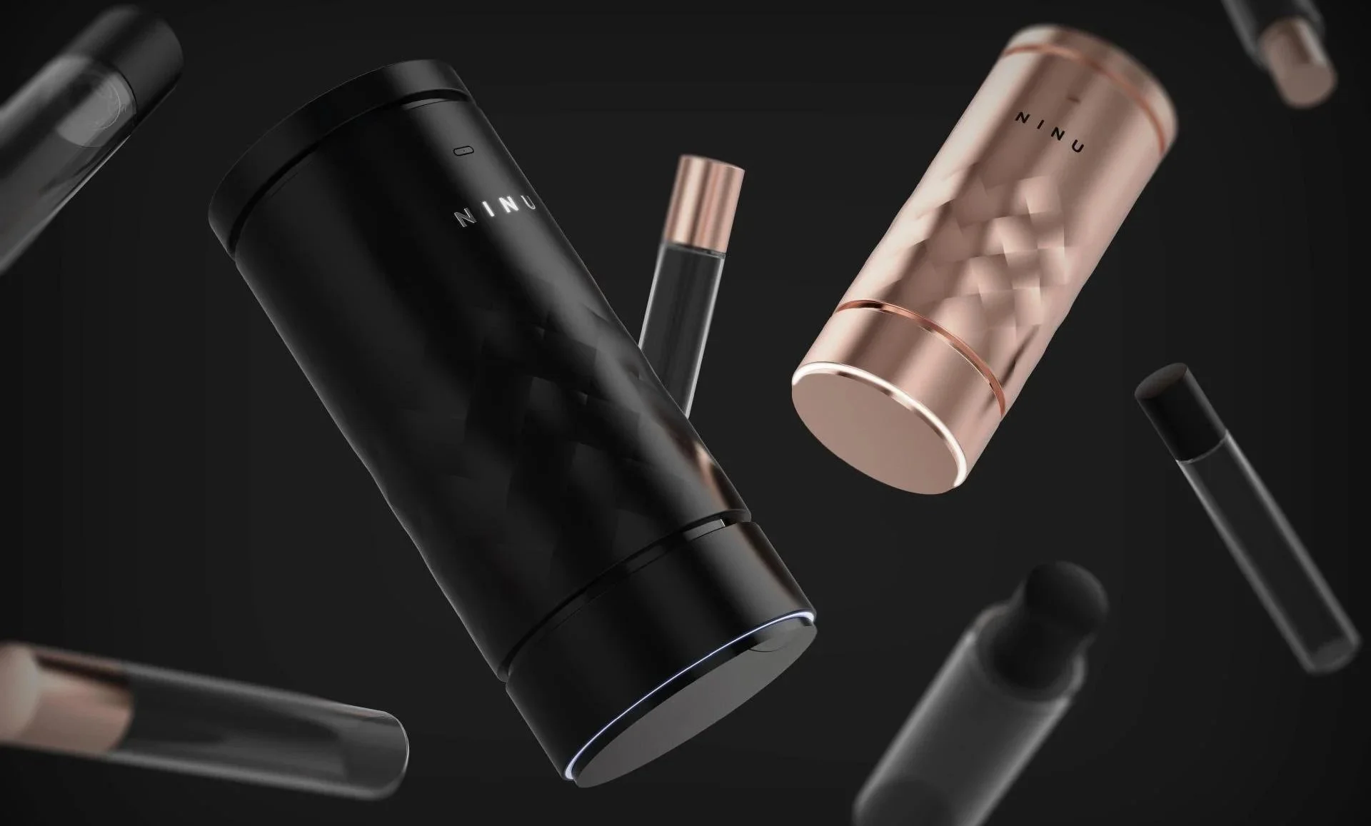 Matte black cosmetic bottles and applicators arranged on a dark surface