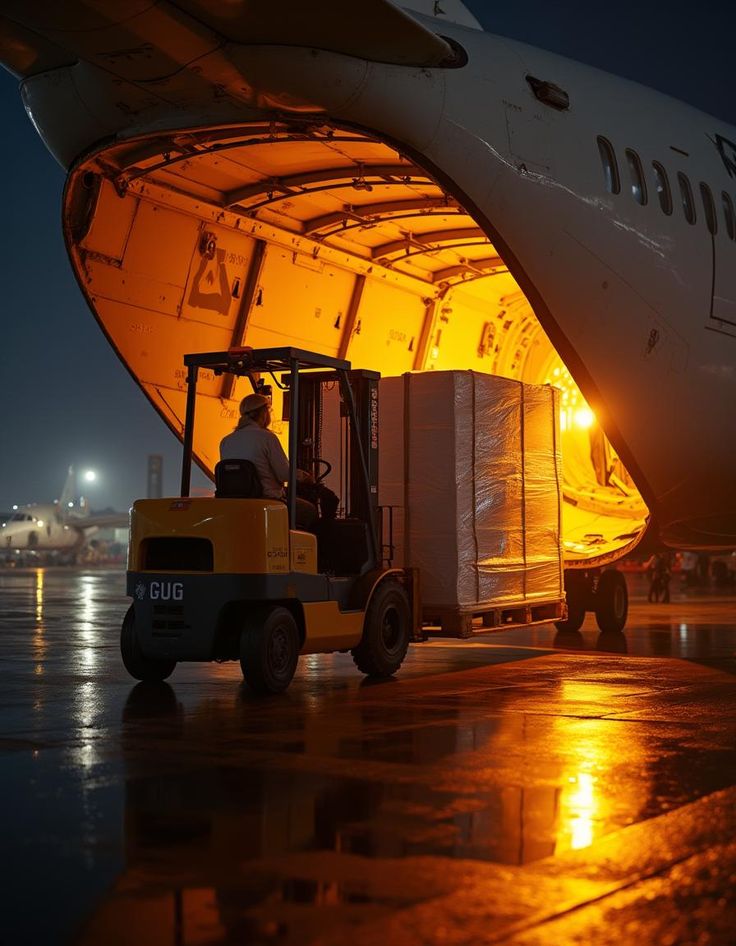 Forklift loading a pallet into an aircraft cargo hold at night