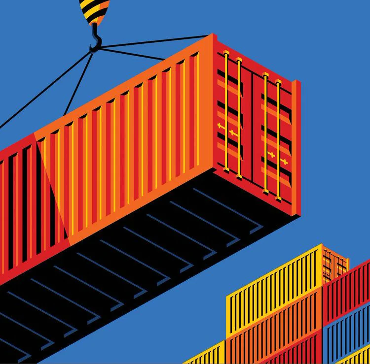 Illustration of a shipping container being lifted by crane