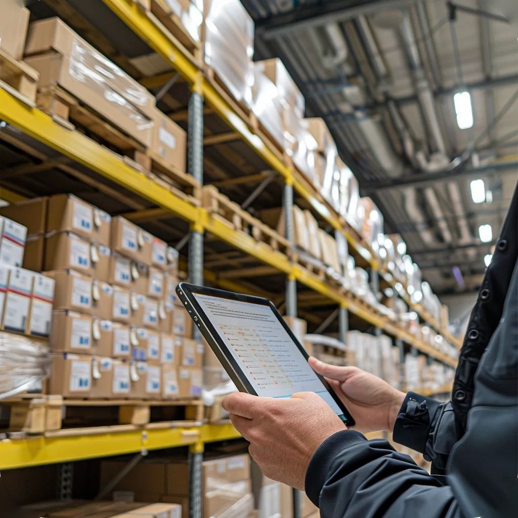Warehouse worker checking stock on a tablet beside racked cartons