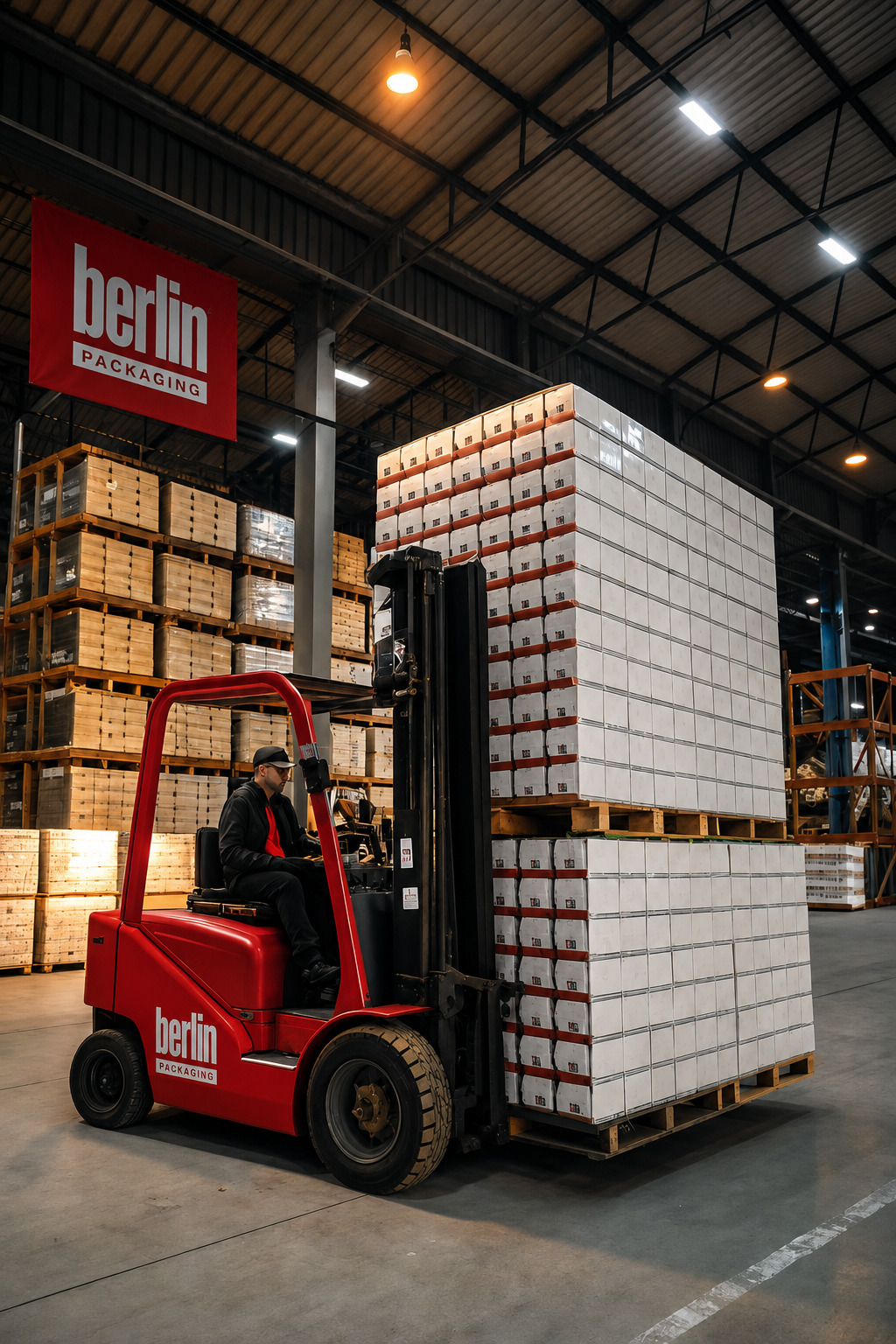 A red forklift moving a pallet of Berlin Packaging cartons in a warehouse